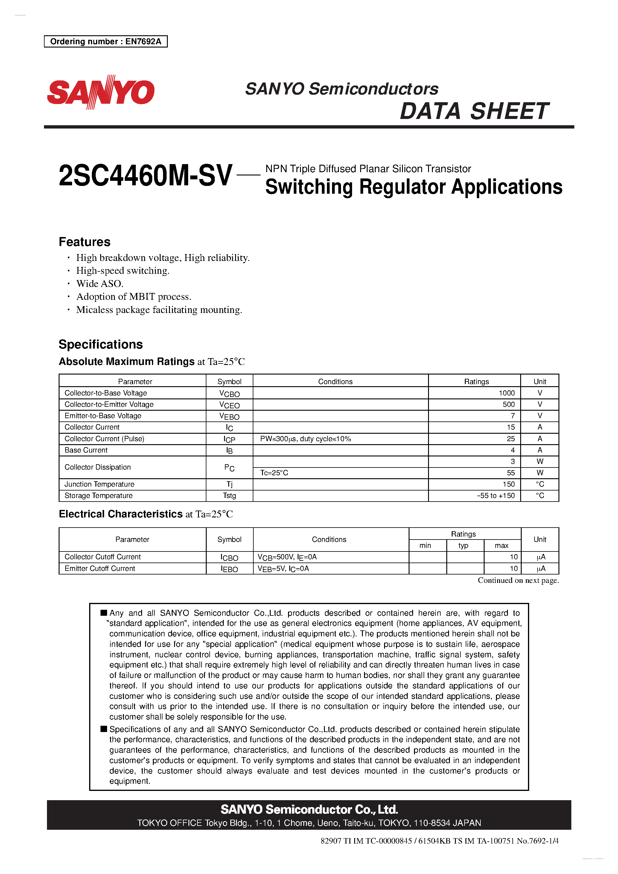 Datasheet 2SC4460M-SV - NPN Triple Diffused Planar Silicon Transistor page 1