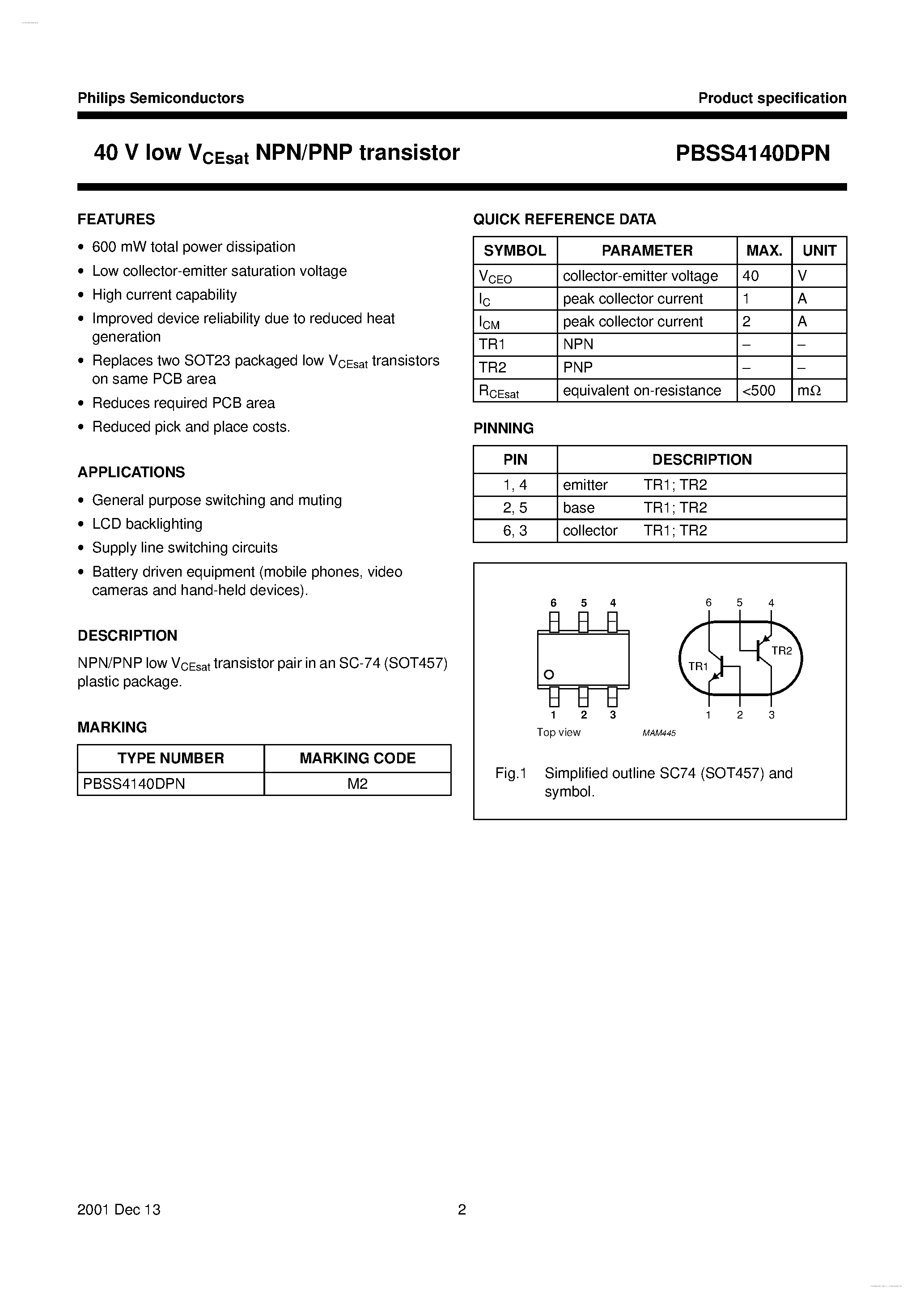 Даташит PBSS4140DPN - 40 V low VCEsat NPN/PNP transistor страница 2