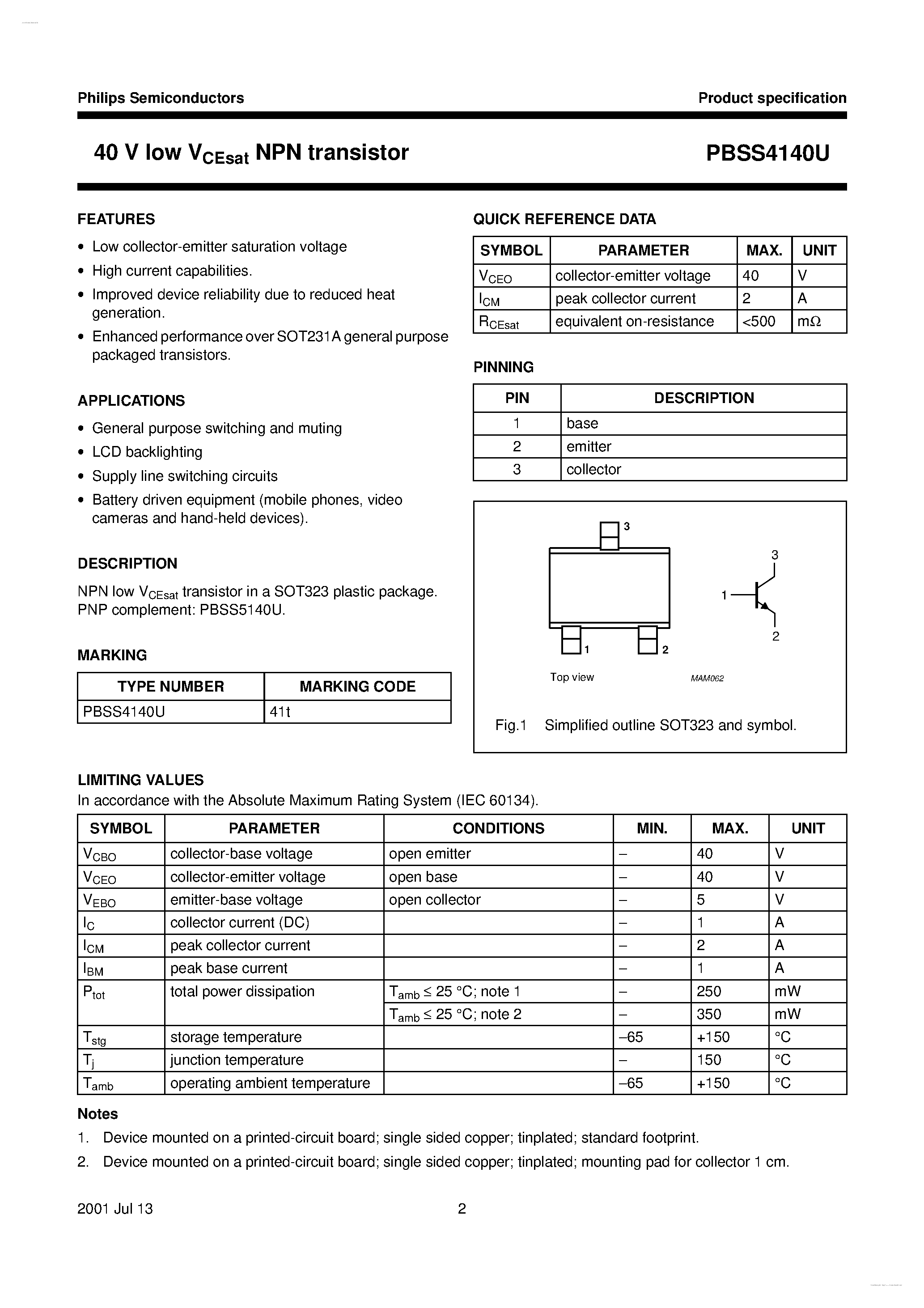 Даташит PBSS4140U - 40 V low VCEsat NPN transistor страница 2