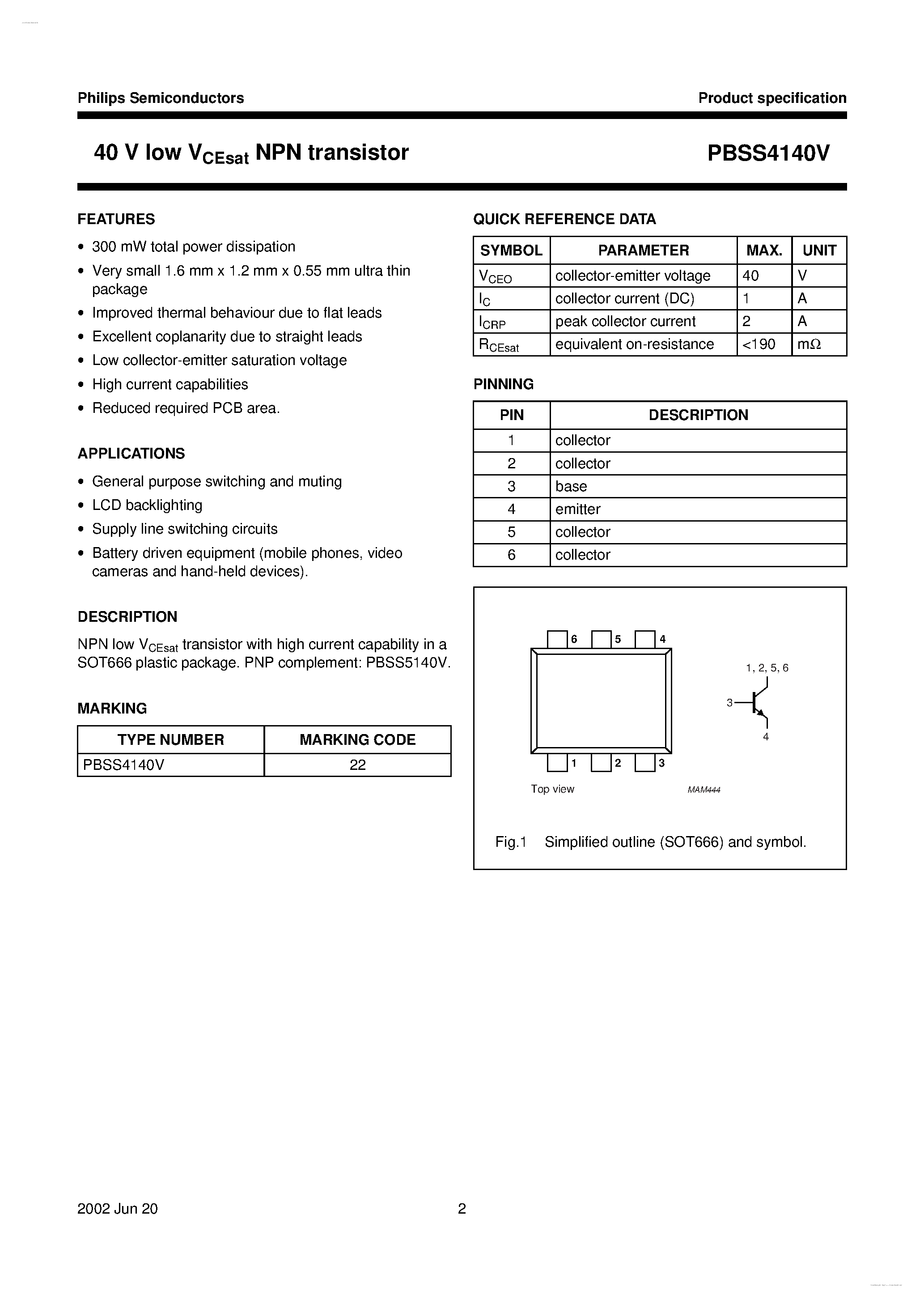 Даташит на микросхему PBSS4140V страница 2 Даташит PBSS4140V - 40 V low VCEsat NPN transistor страница 2