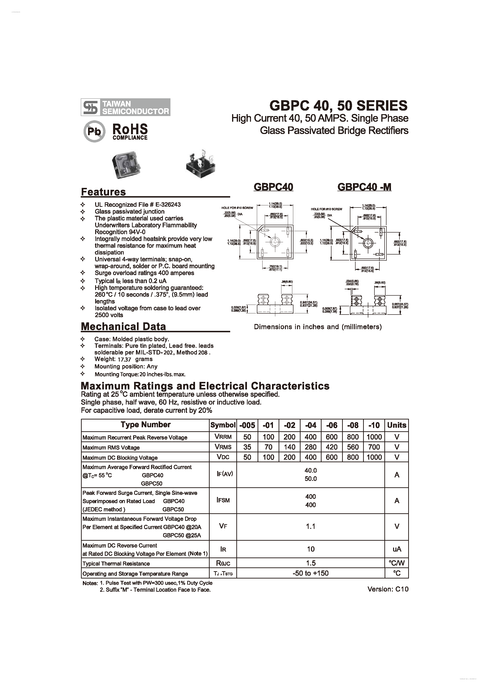 Datasheet GBPC40-005 - Single Phase Glass Passivated Bridge Rectifiers page 1