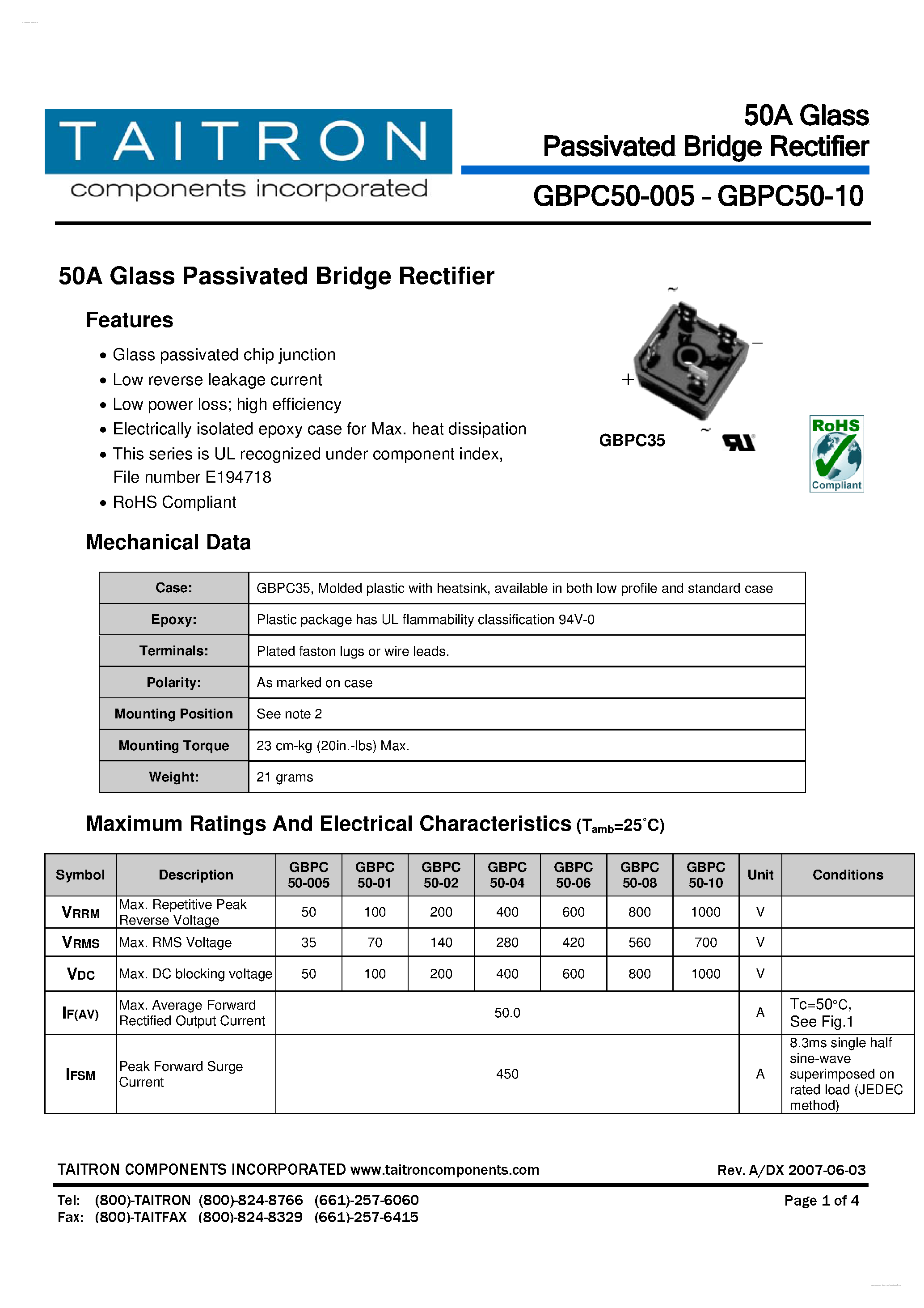 Datasheet GBPC50-01 page 1 Datasheet GBPC50-01 - 50A Glass Passivated Bridge Rectifier page 1