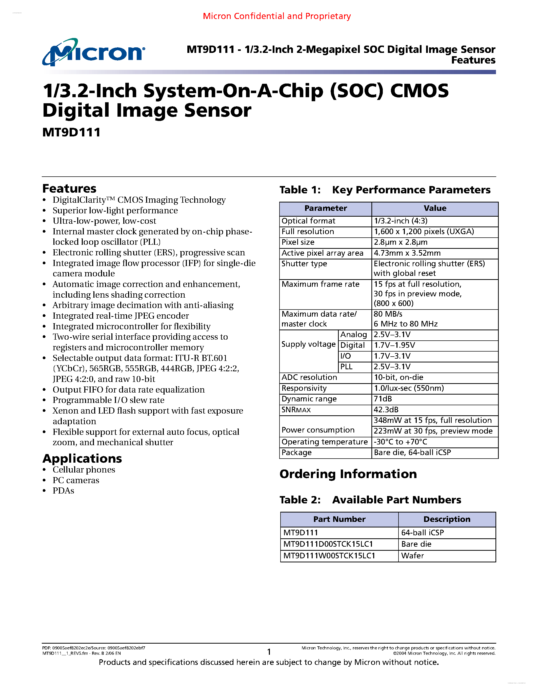 Datasheet MT9D111 - 1/3.2-Inch System-On-A-Chip (SOC) CMOS Digital Image Sensor page 1