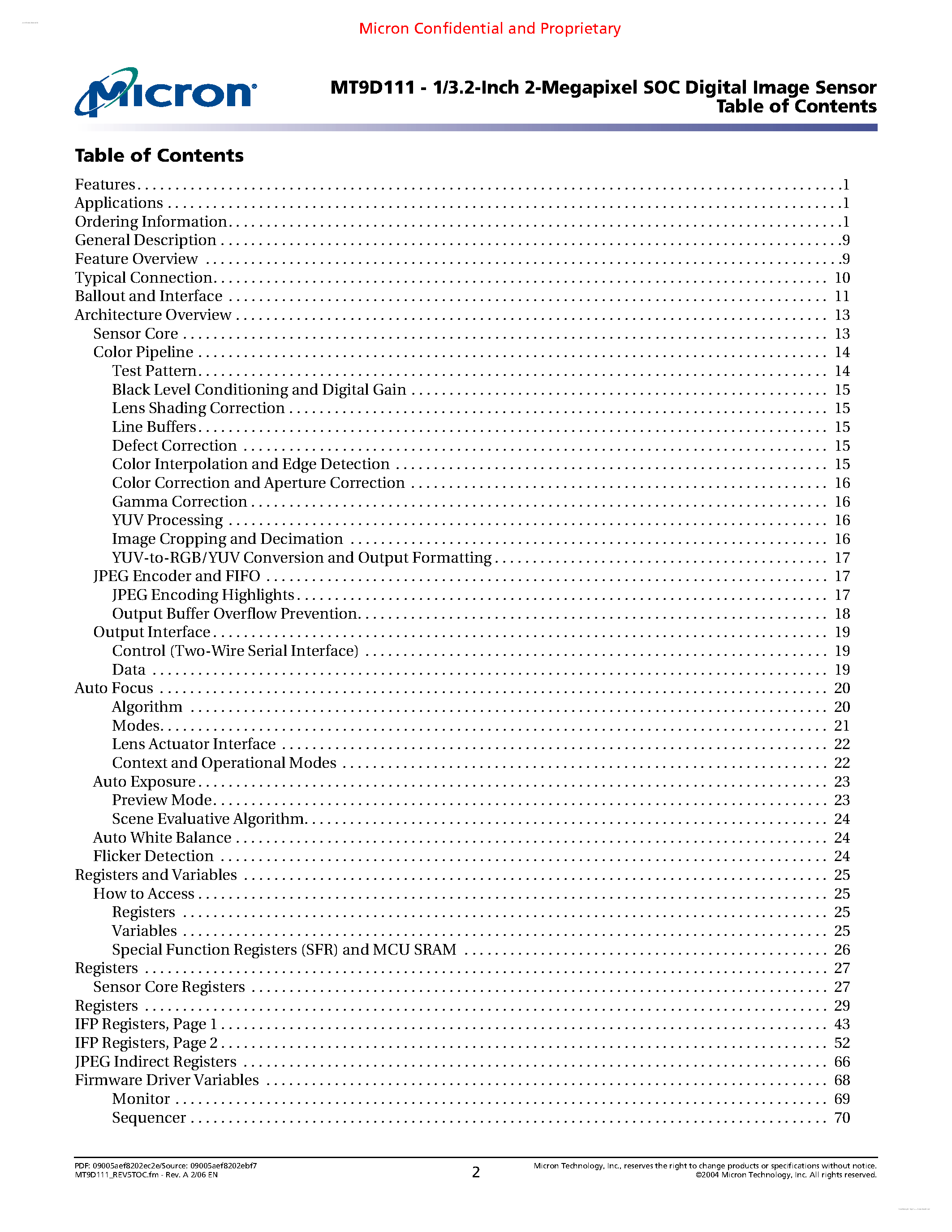 Datasheet MT9D111 - 1/3.2-Inch System-On-A-Chip (SOC) CMOS Digital Image Sensor page 2