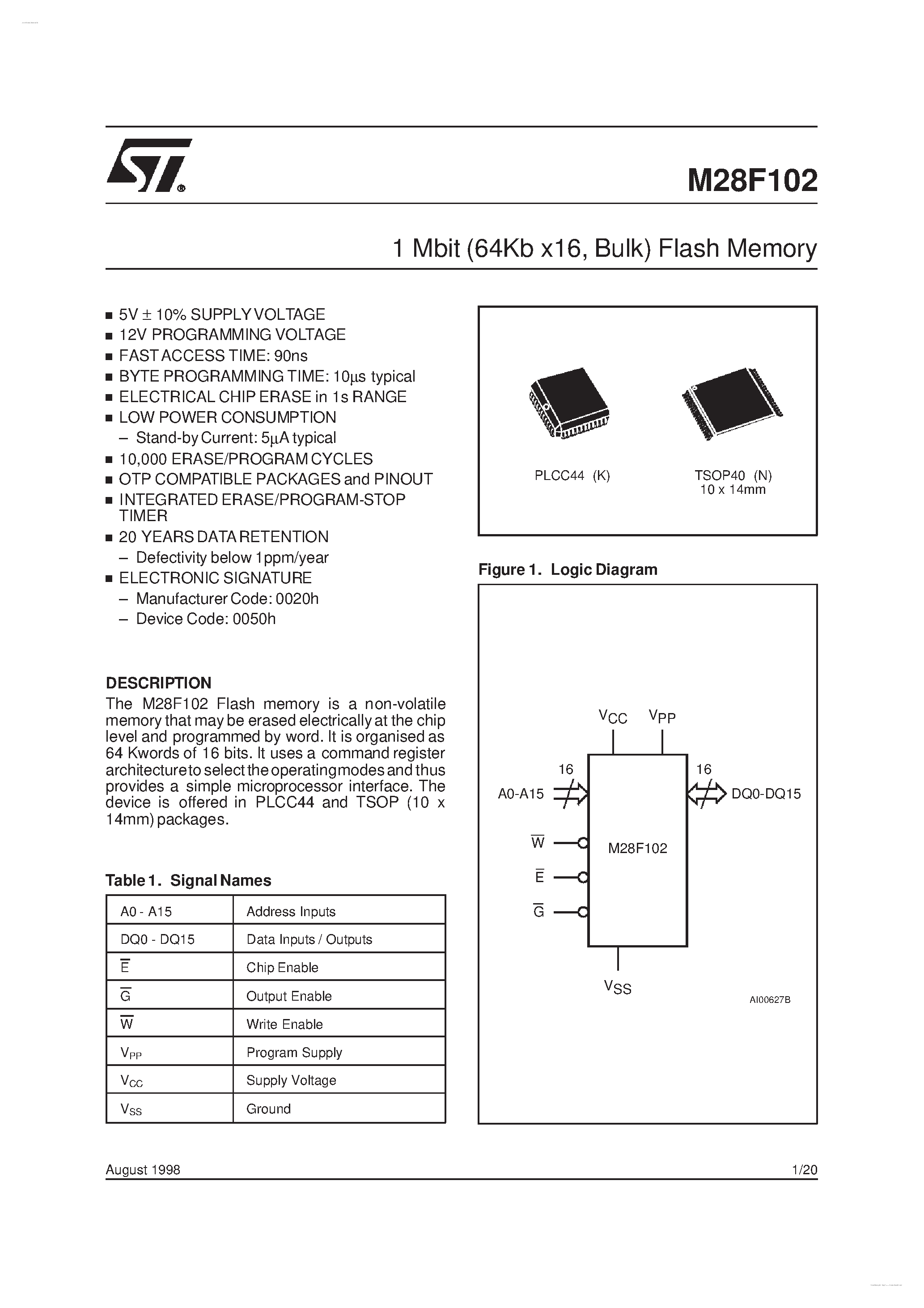 Datasheet M28F102 - 1 Mbit Flash Memory page 1