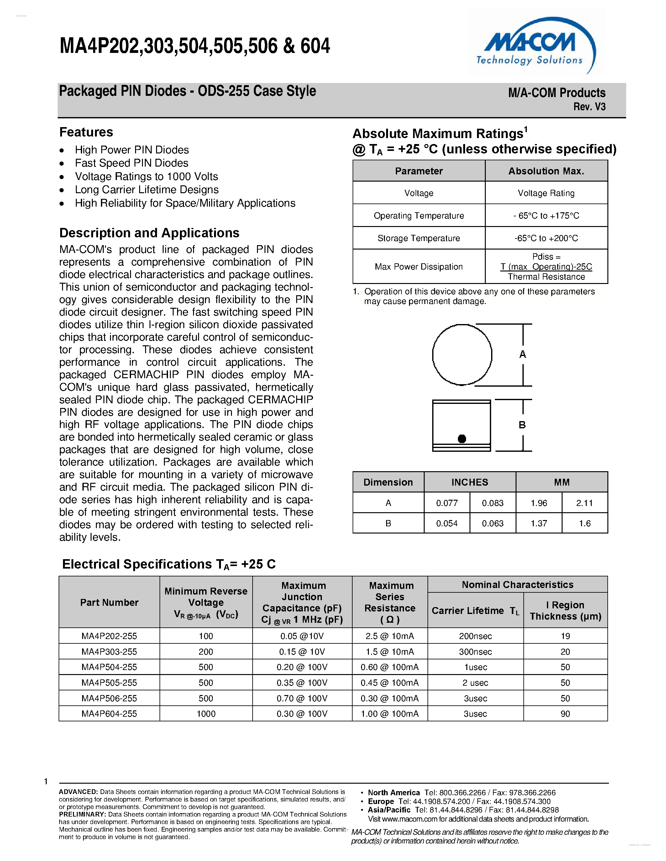 Даташит на микросхему MA4P202-255 страница 1 Даташит MA4P202-255 - Packaged PIN Diodes страница 1