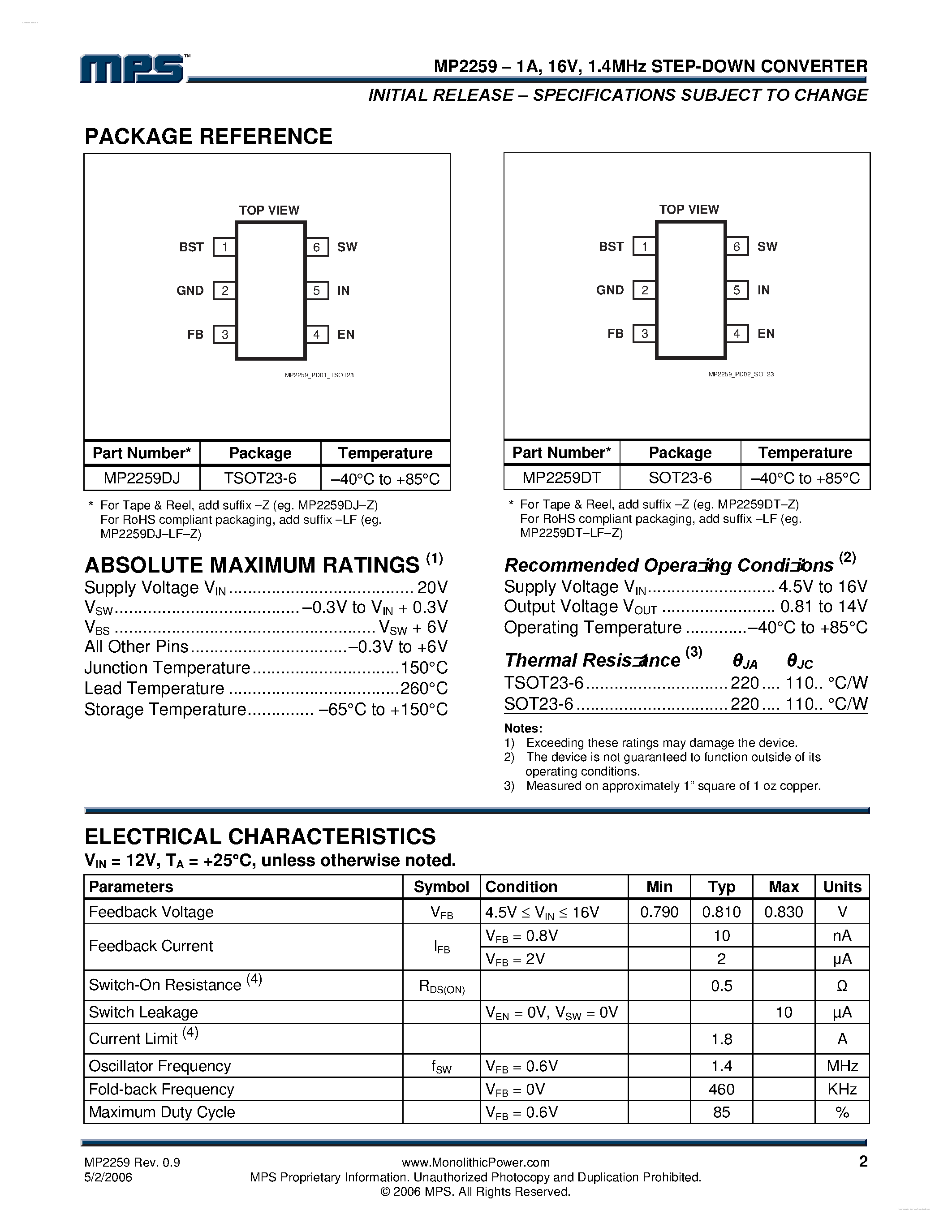 Datasheet MP2259 - Step-Down Converter page 2