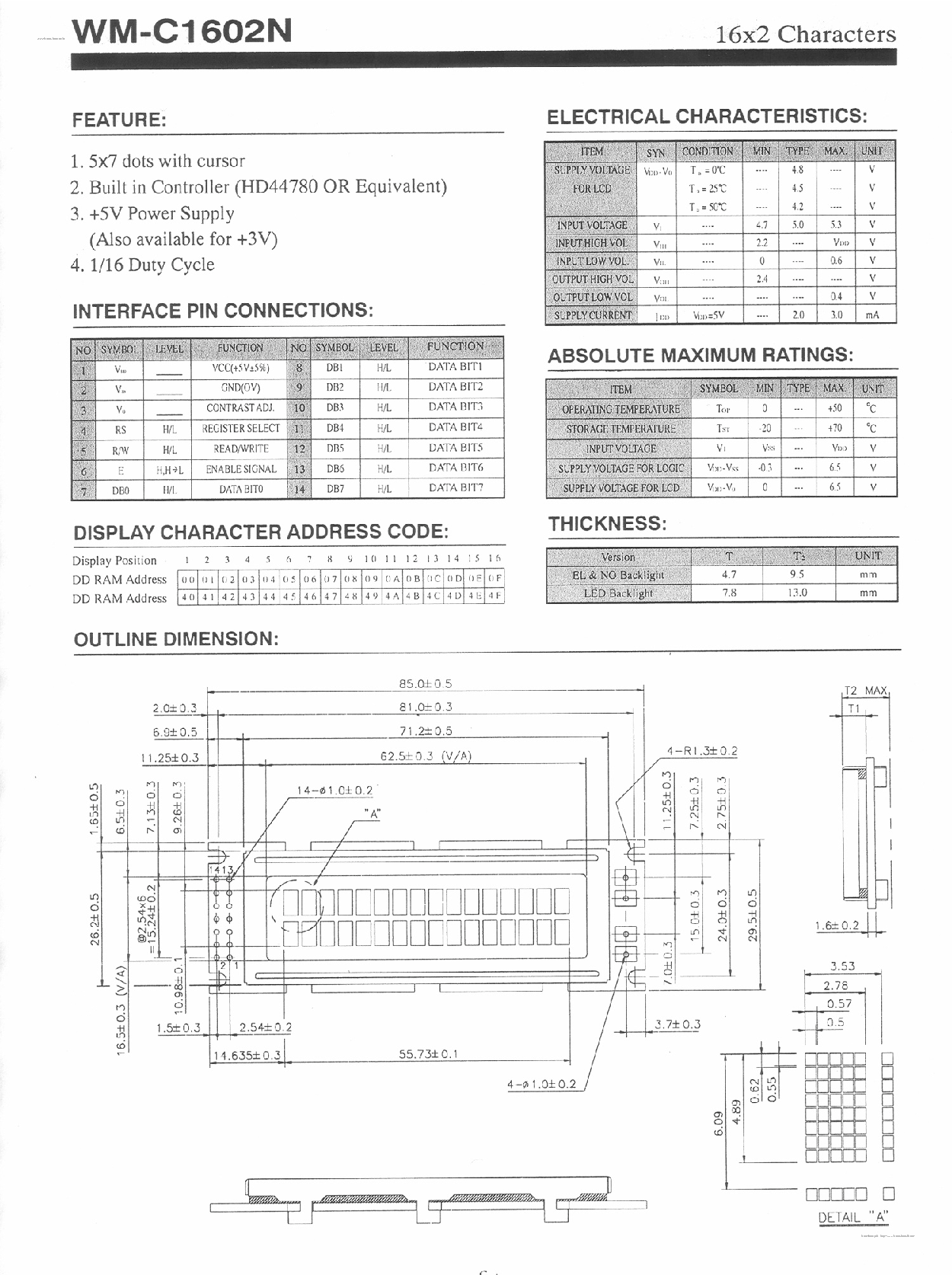Datasheet WM-C1602N page 1 Datasheet WM-C1602N - 16 X 2 Characters page 1