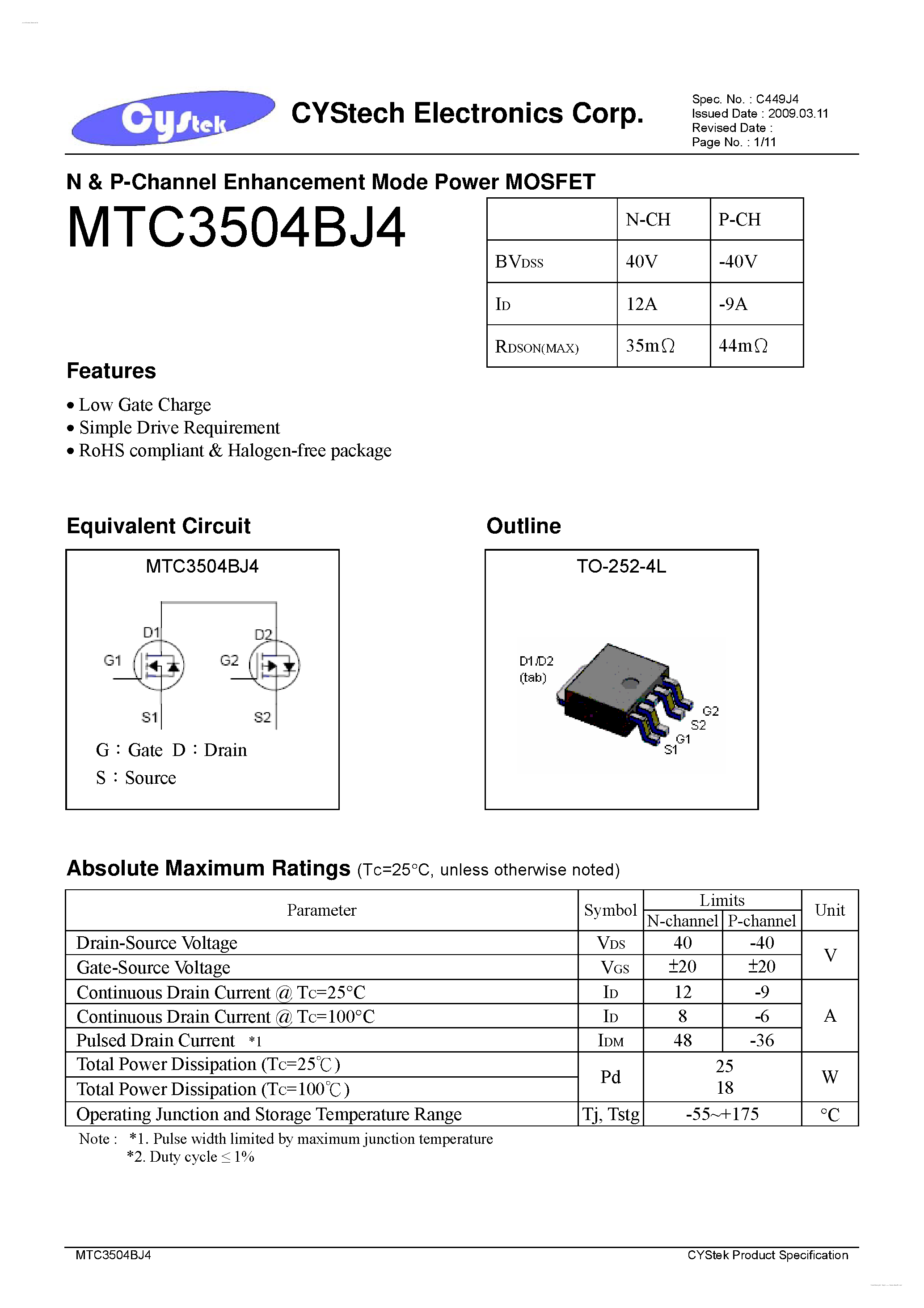 Даташит MTC3504BJ4 - N & P-Channel Enhancement Mode Power MOSFET страница 1