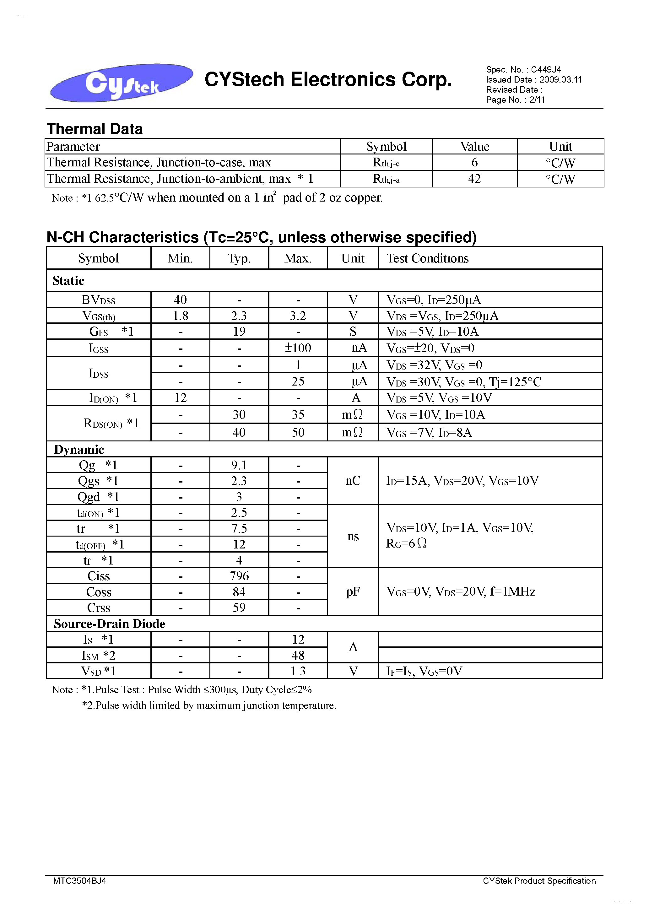 Даташит MTC3504BJ4 - N & P-Channel Enhancement Mode Power MOSFET страница 2