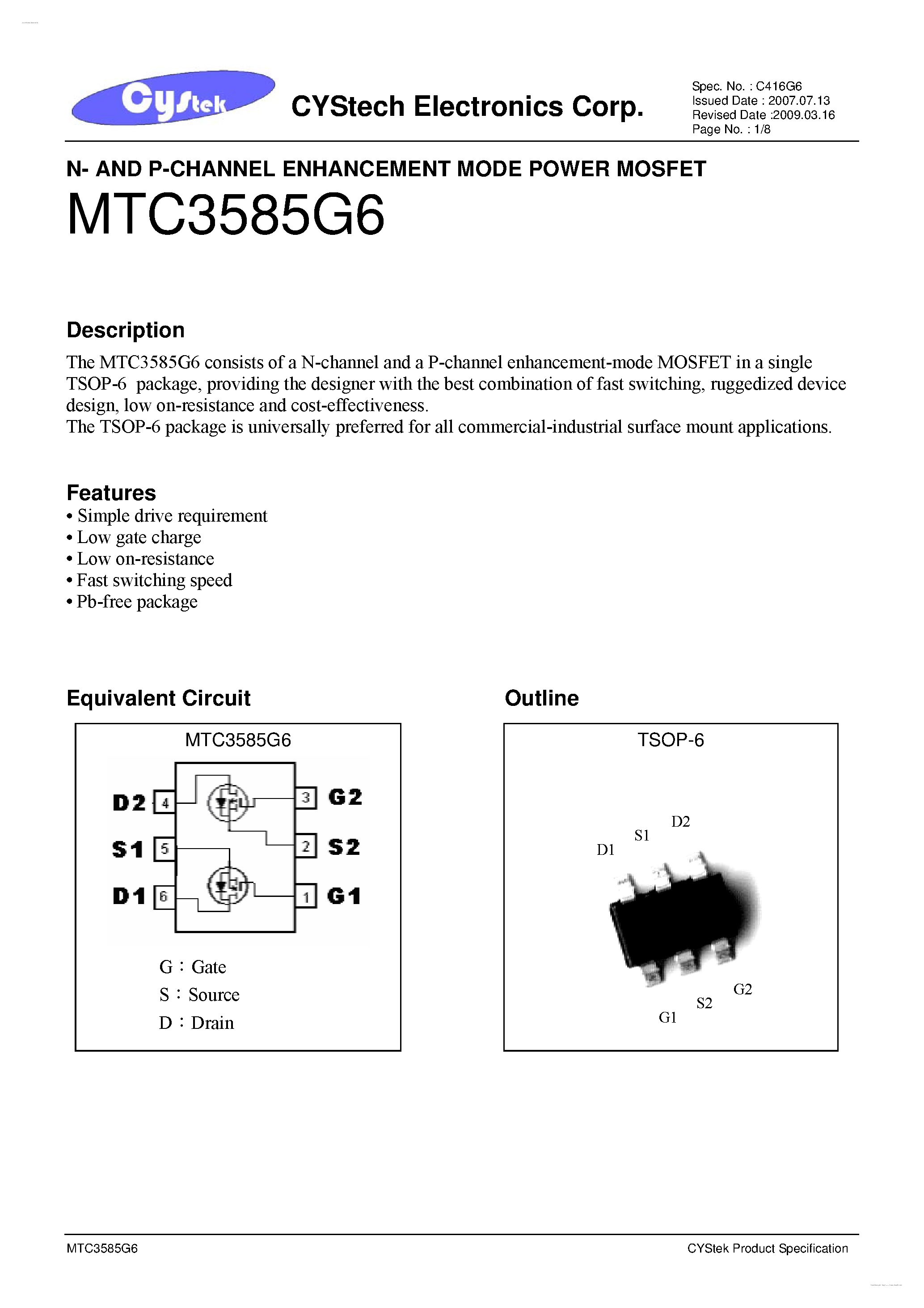 Даташит MTC3585G6 - N & P-Channel Enhancement Mode Power MOSFET страница 1