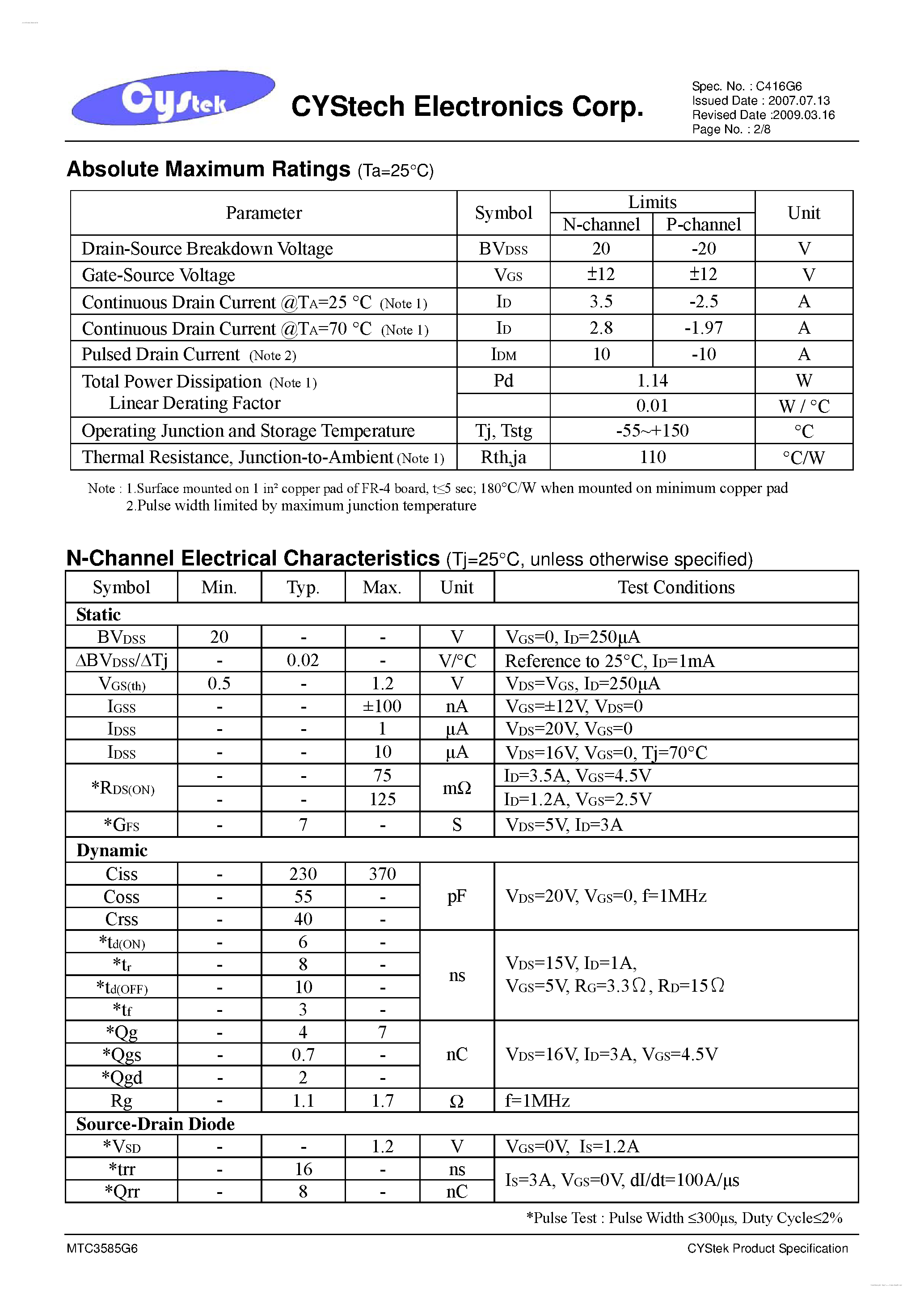 Даташит MTC3585G6 - N & P-Channel Enhancement Mode Power MOSFET страница 2