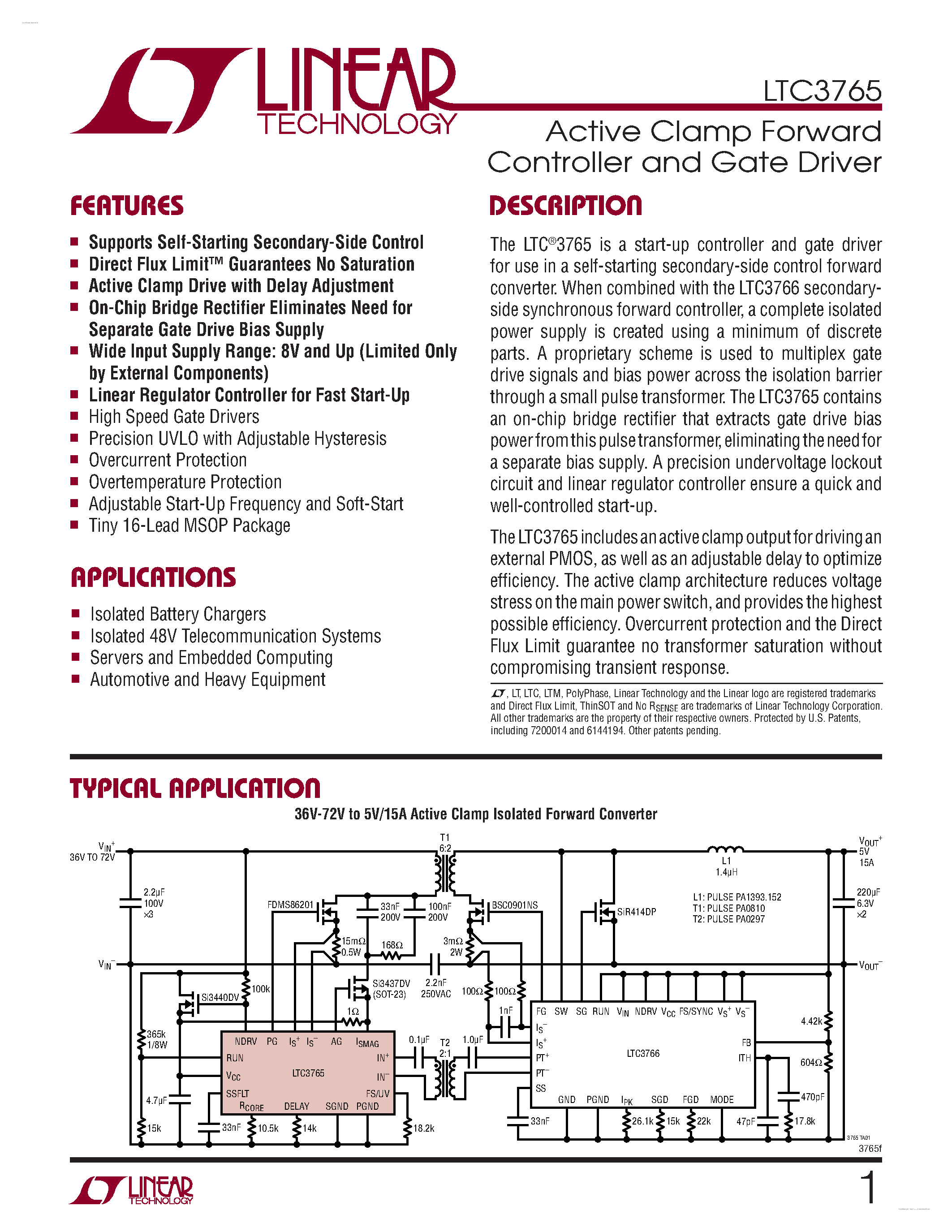 Даташит LTC3765 - Active Clamp Forward Controller and Gate Driver страница 1