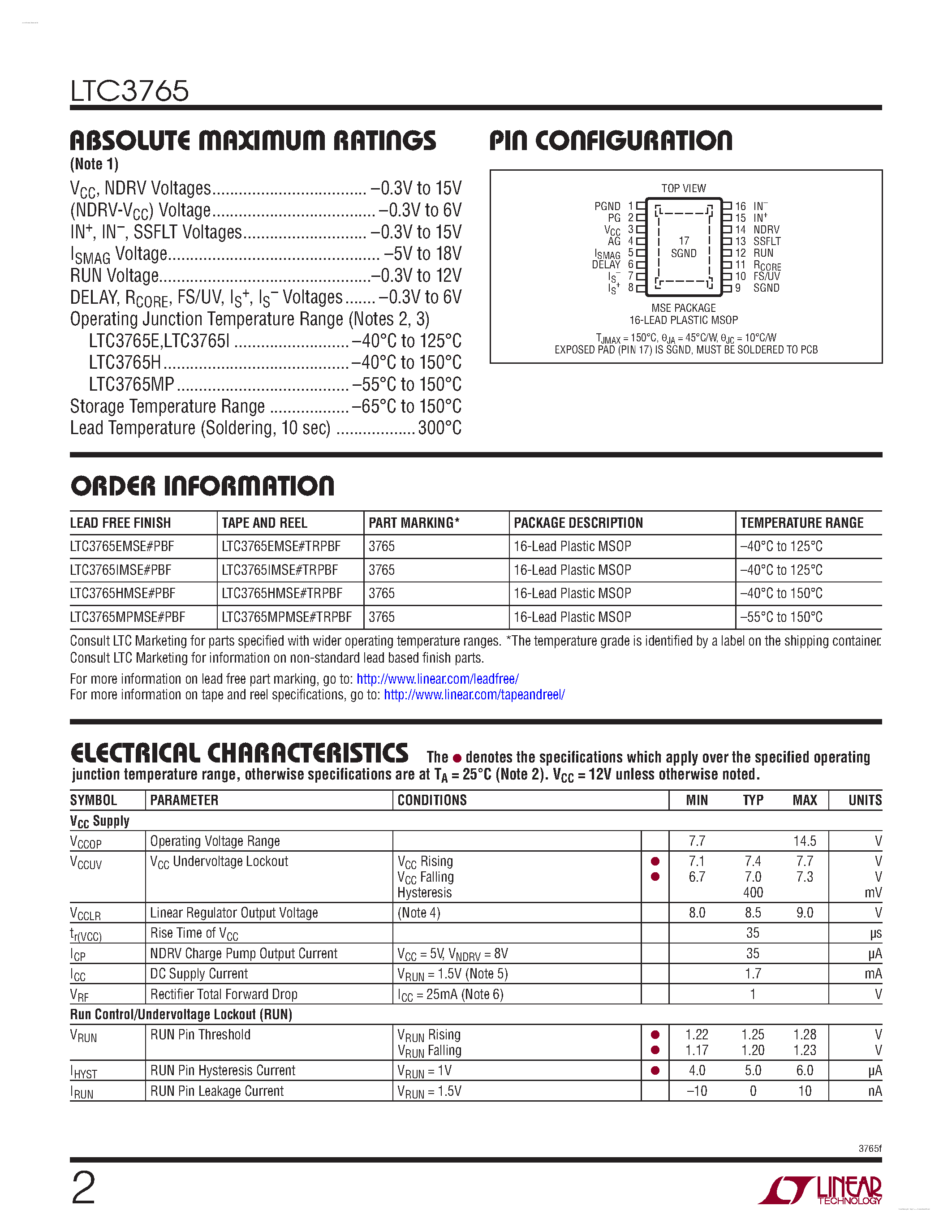 Даташит LTC3765 - Active Clamp Forward Controller and Gate Driver страница 2