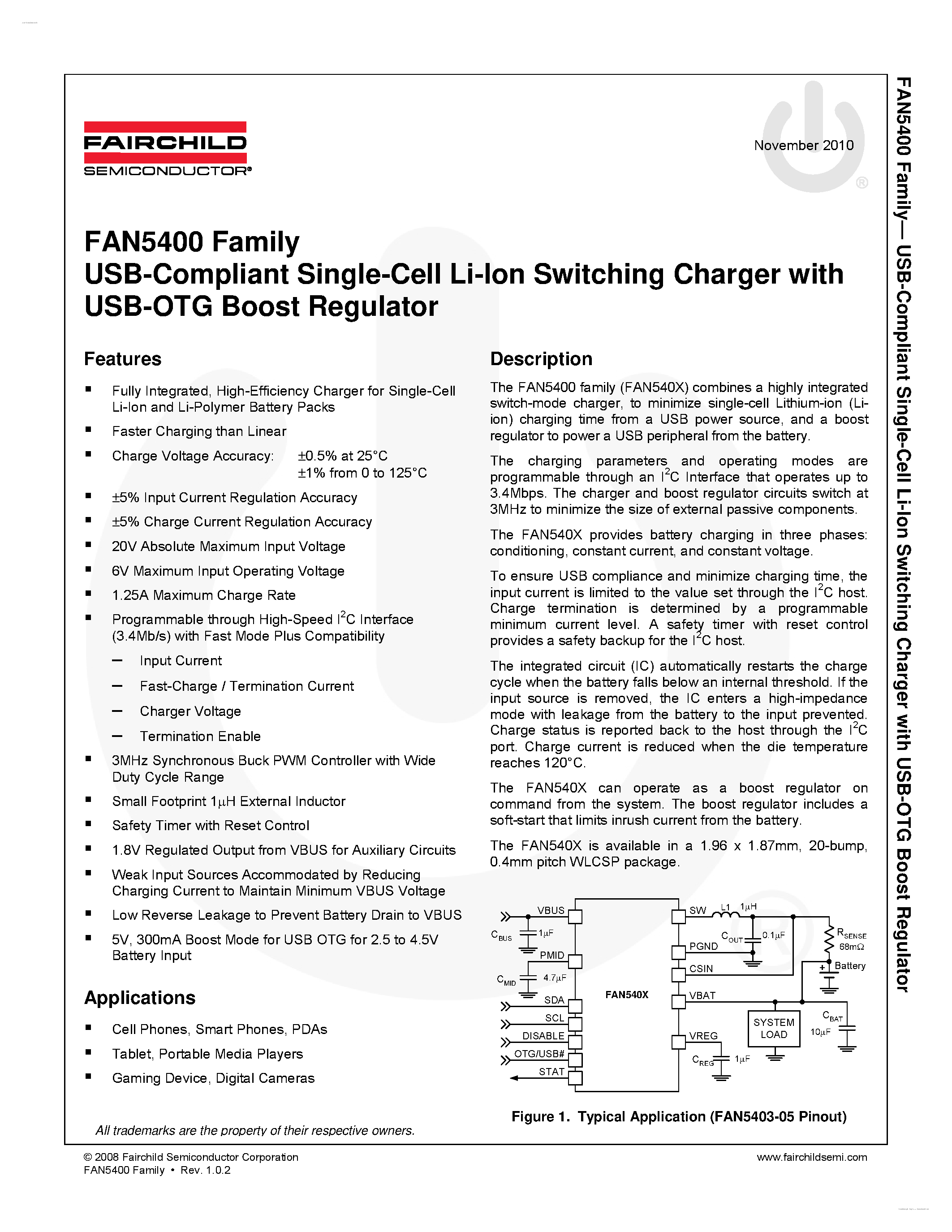 Datasheet FAN5400 - USB-Compliant Single Cell Li-Ion Switching Charger page 1