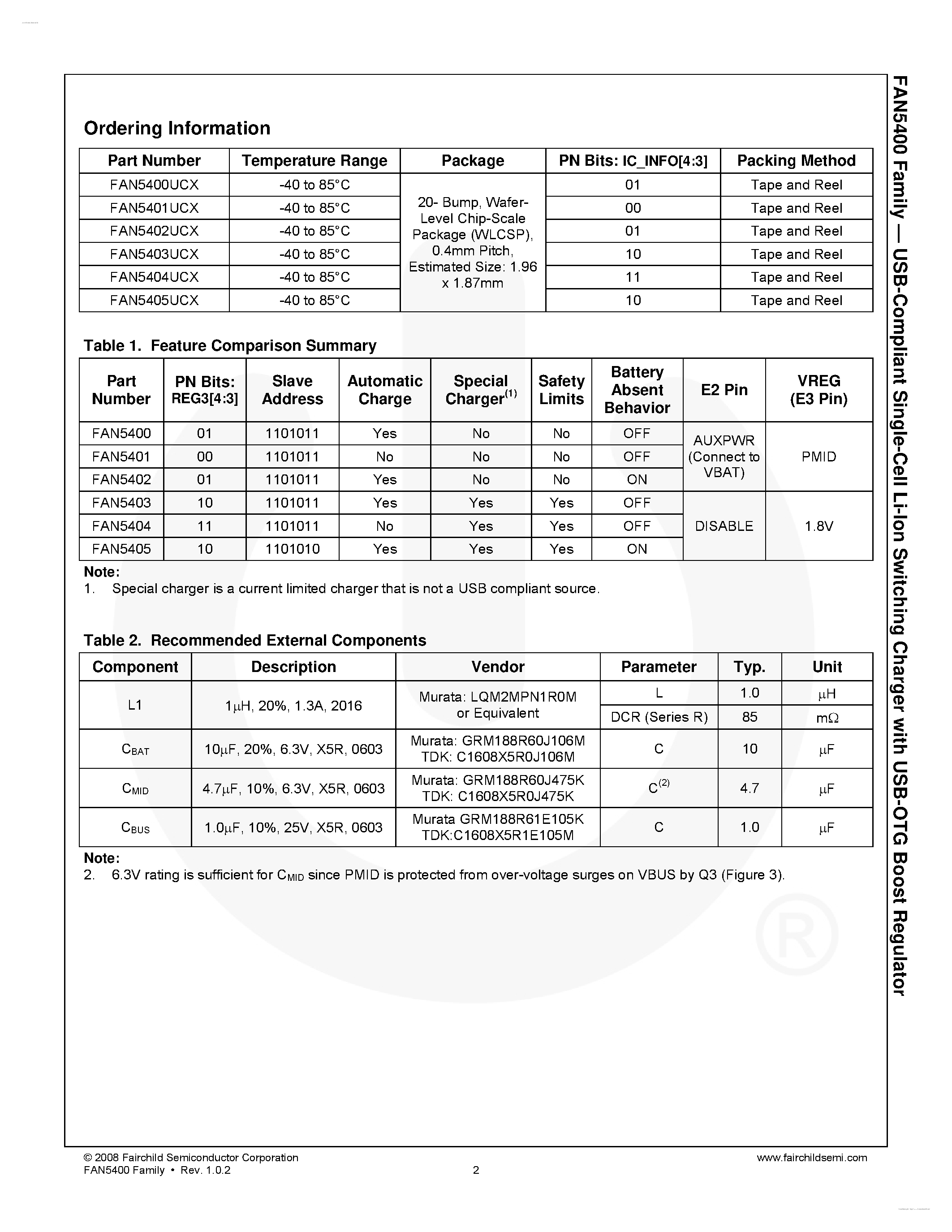 Datasheet FAN5400 - USB-Compliant Single Cell Li-Ion Switching Charger page 2