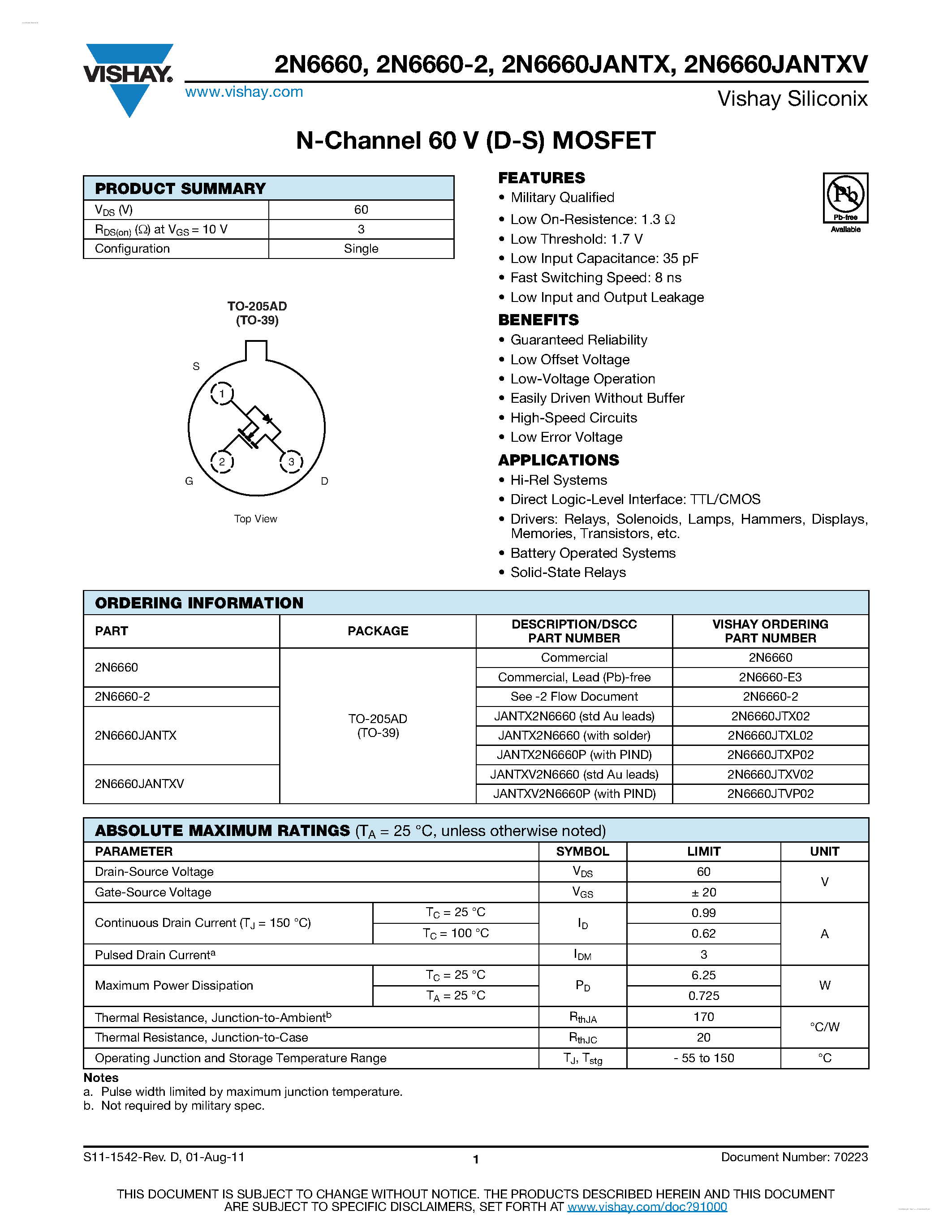 Даташит на микросхему 2N6660 страница 1 Даташит 2N6660 - N-Channel 60 V (D-S) MOSFET страница 1