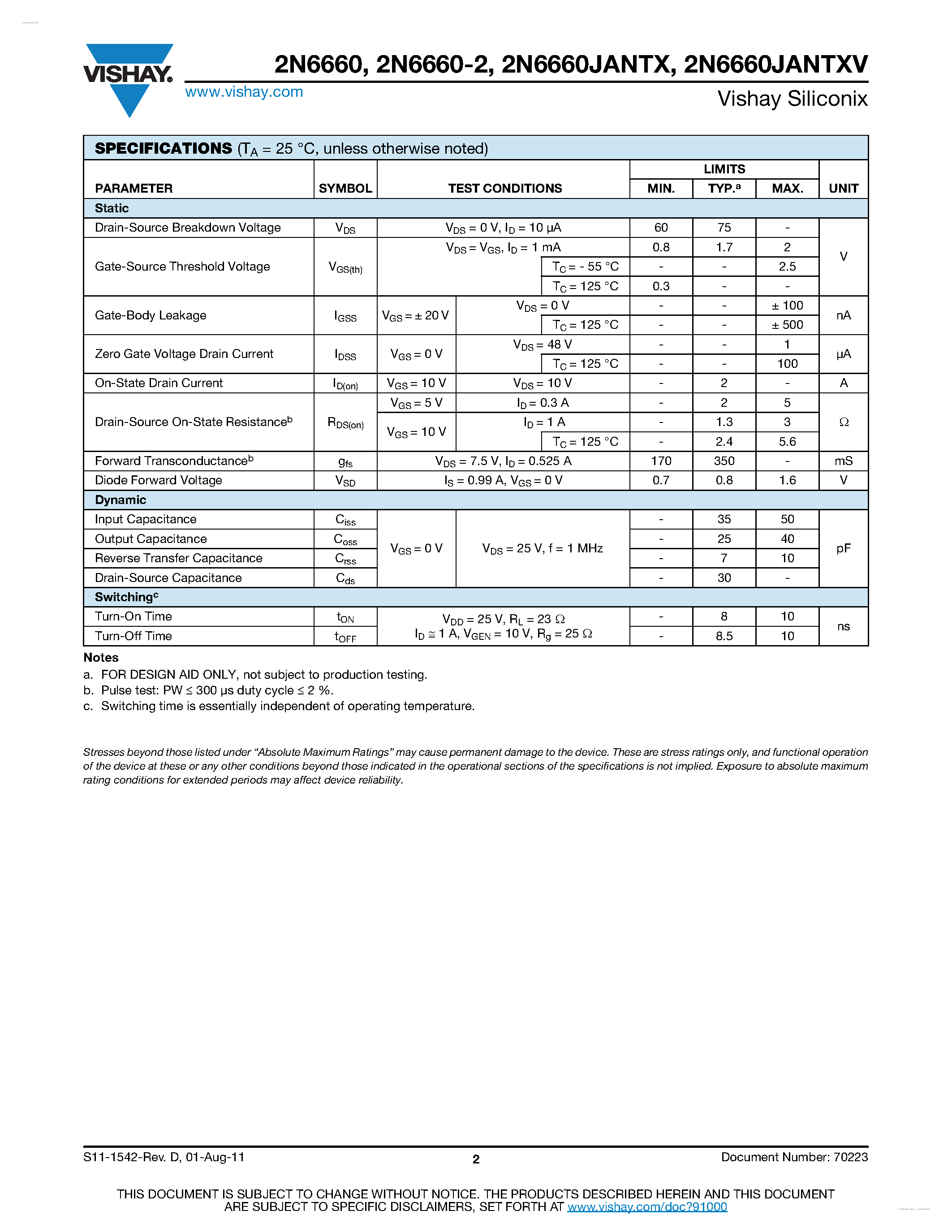 Даташит на микросхему 2N6660 страница 2 Даташит 2N6660 - N-Channel 60 V (D-S) MOSFET страница 2