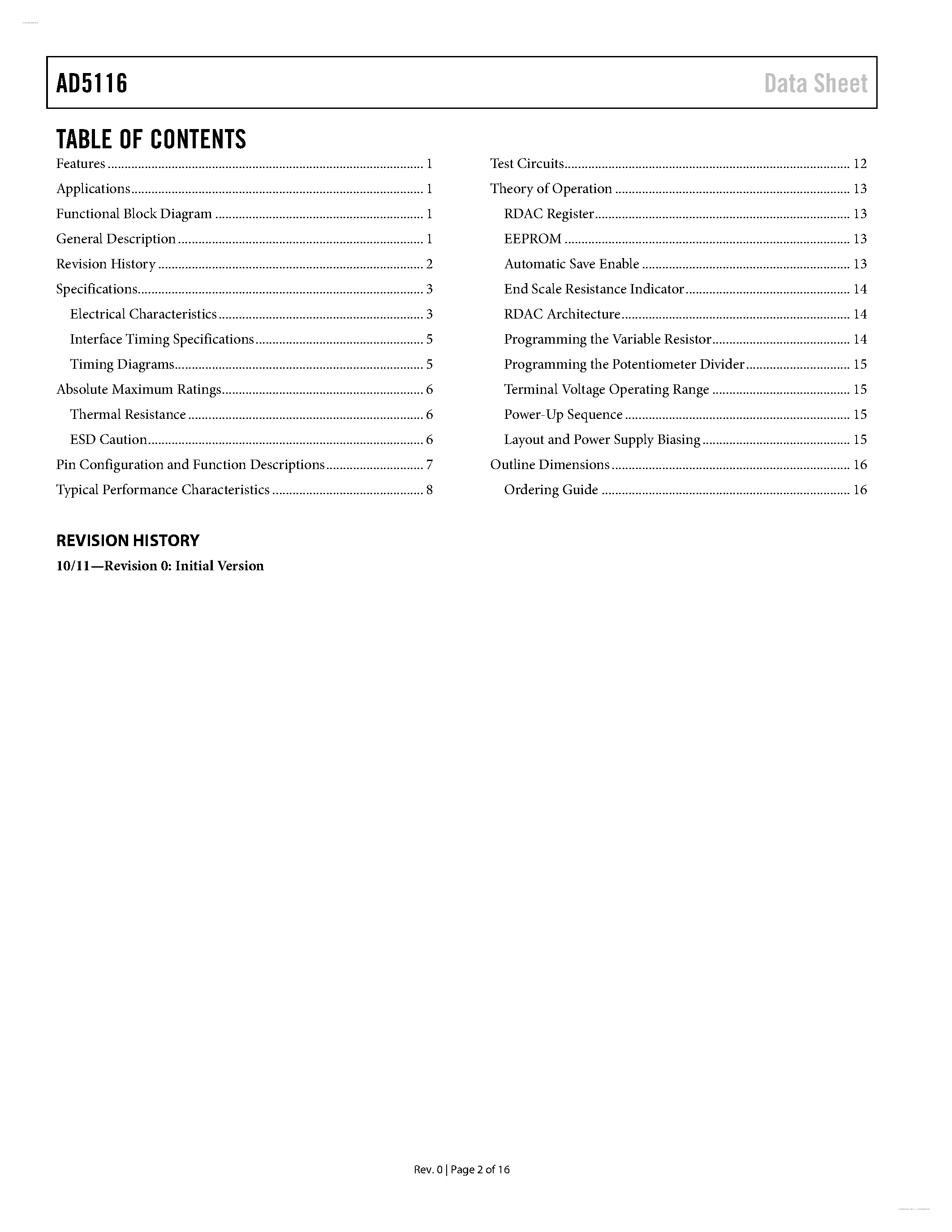 Даташит на микросхему AD5116 страница 2 Даташит AD5116 - Nonvolatile Digital Potentiometer страница 2