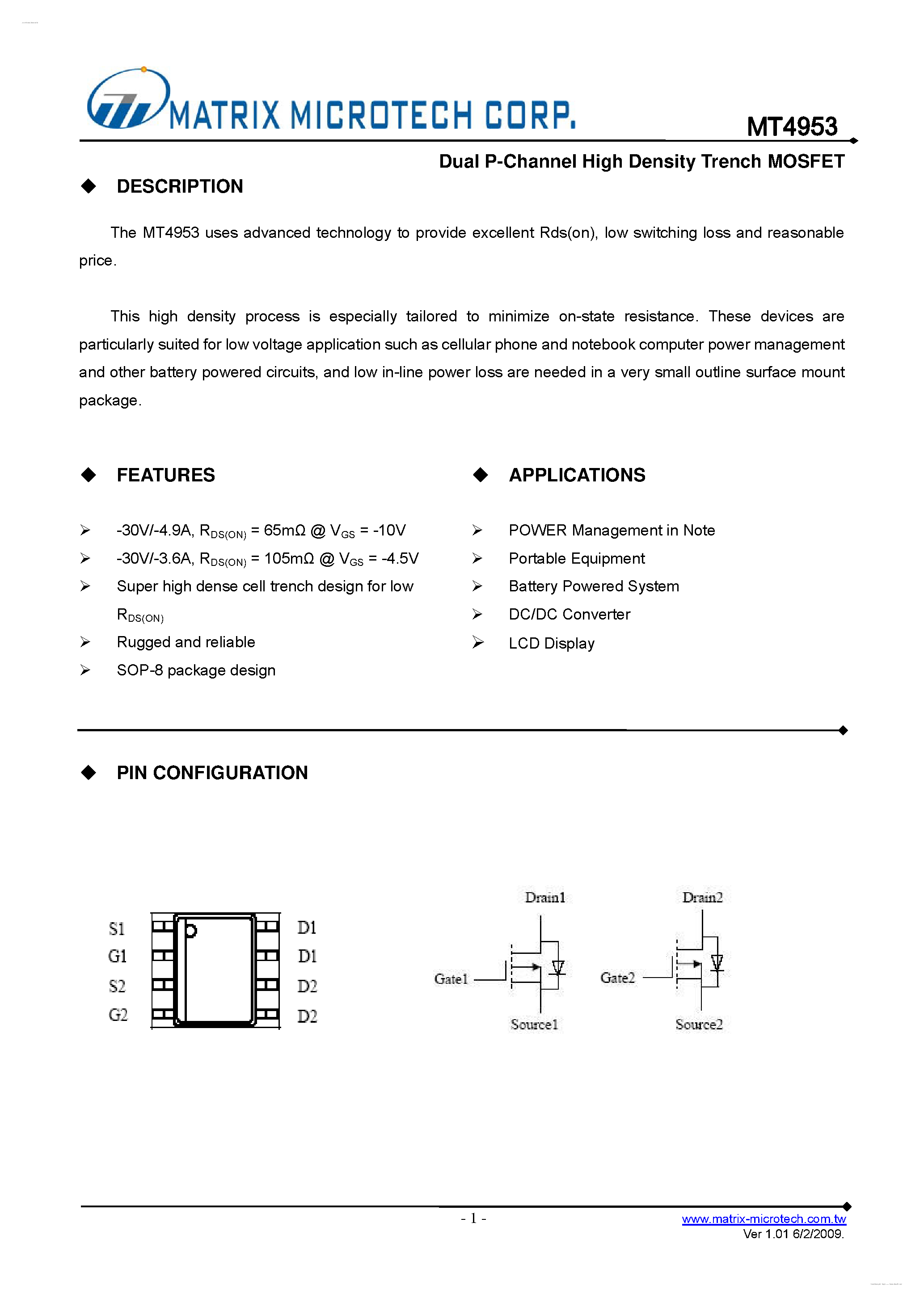 Даташит MT4953 - Dual P-Channel High Density Trench MOSFET страница 1