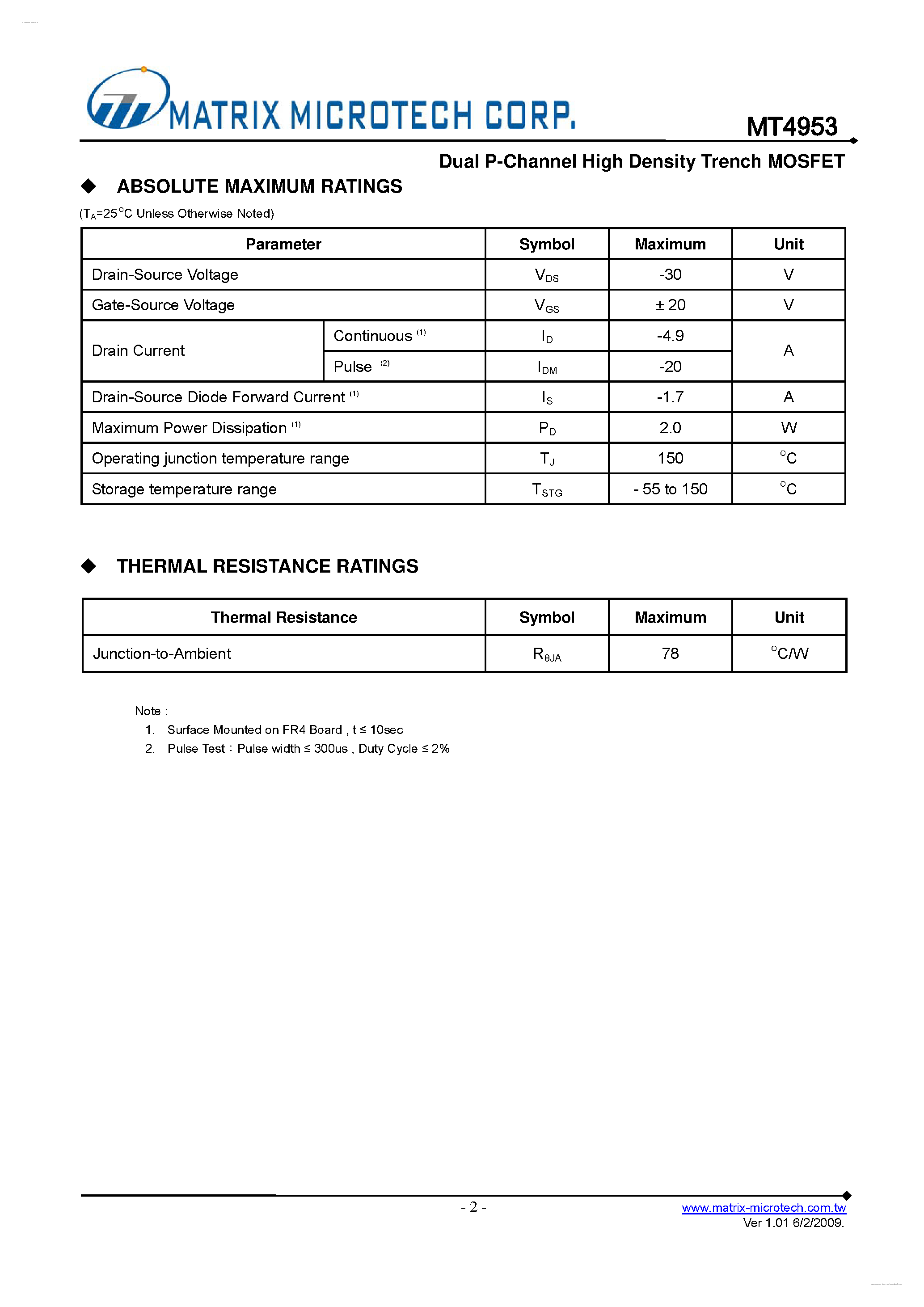 Даташит MT4953 - Dual P-Channel High Density Trench MOSFET страница 2