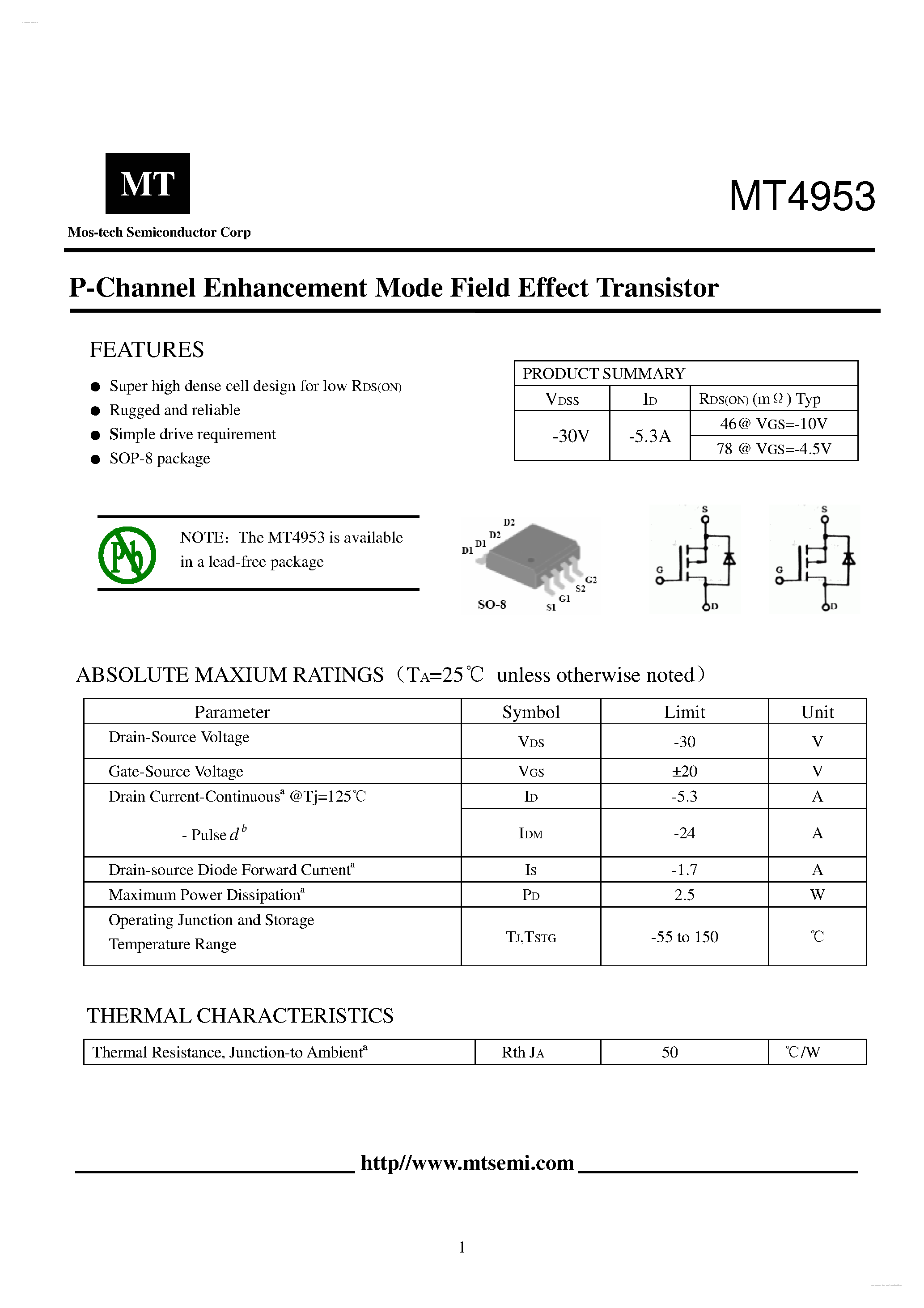 Даташит MT4953 - P-Channel Enhancement Mode Field Effect Transistor страница 1