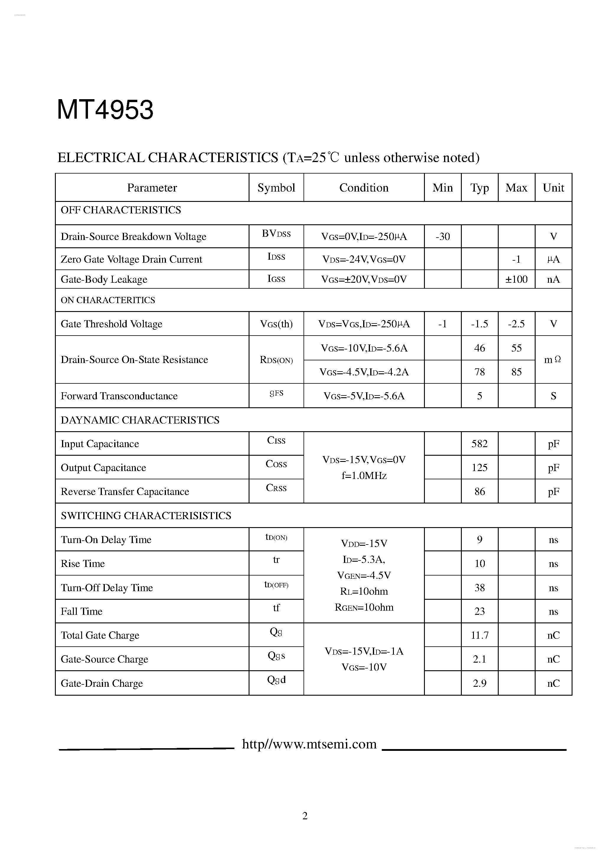 Даташит MT4953 - P-Channel Enhancement Mode Field Effect Transistor страница 2