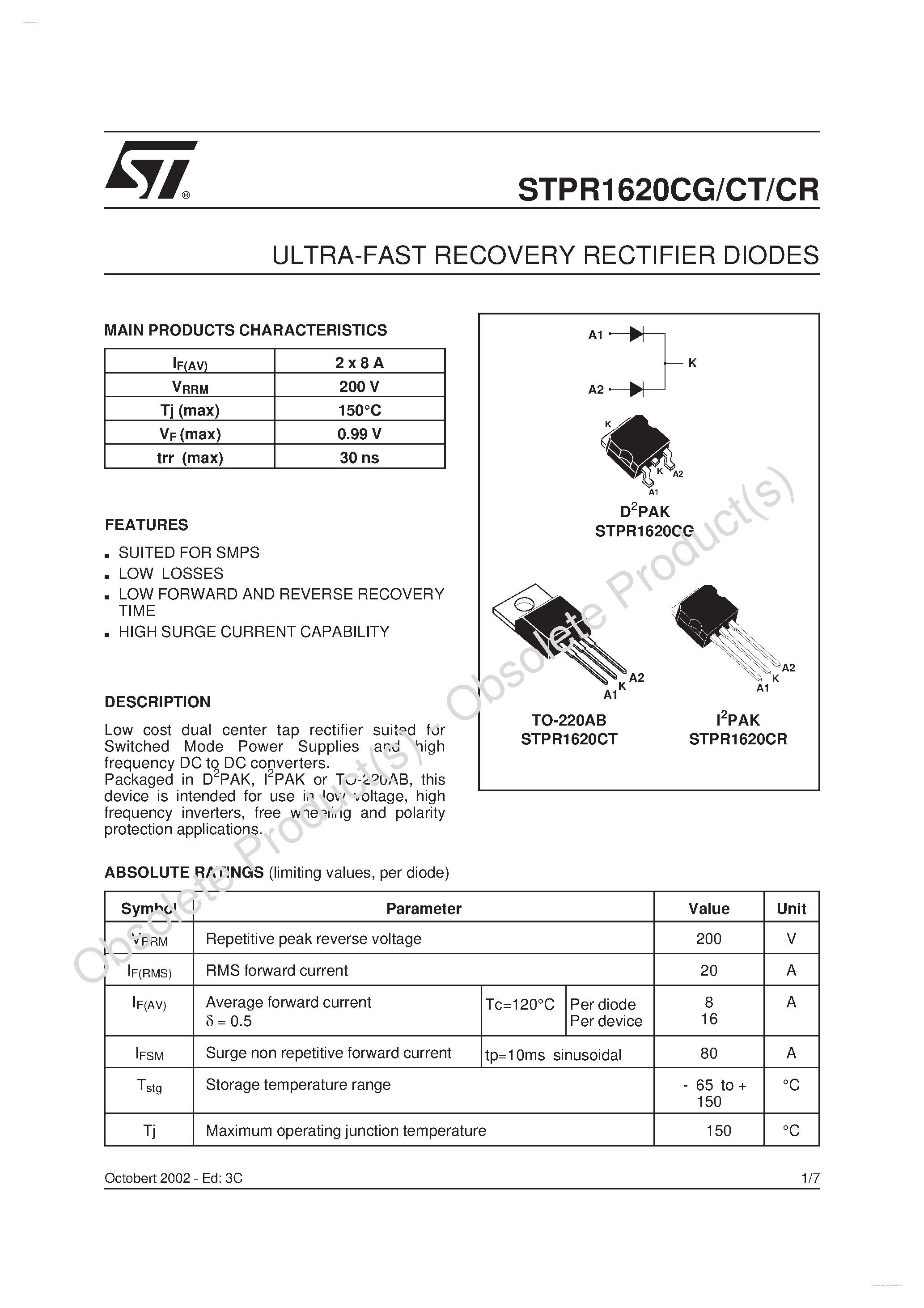 Datasheet STPR1620CG page 1 Datasheet STPR1620CG - ULTRA-FAST RECOVERY RECTIFIER DIODES page 1