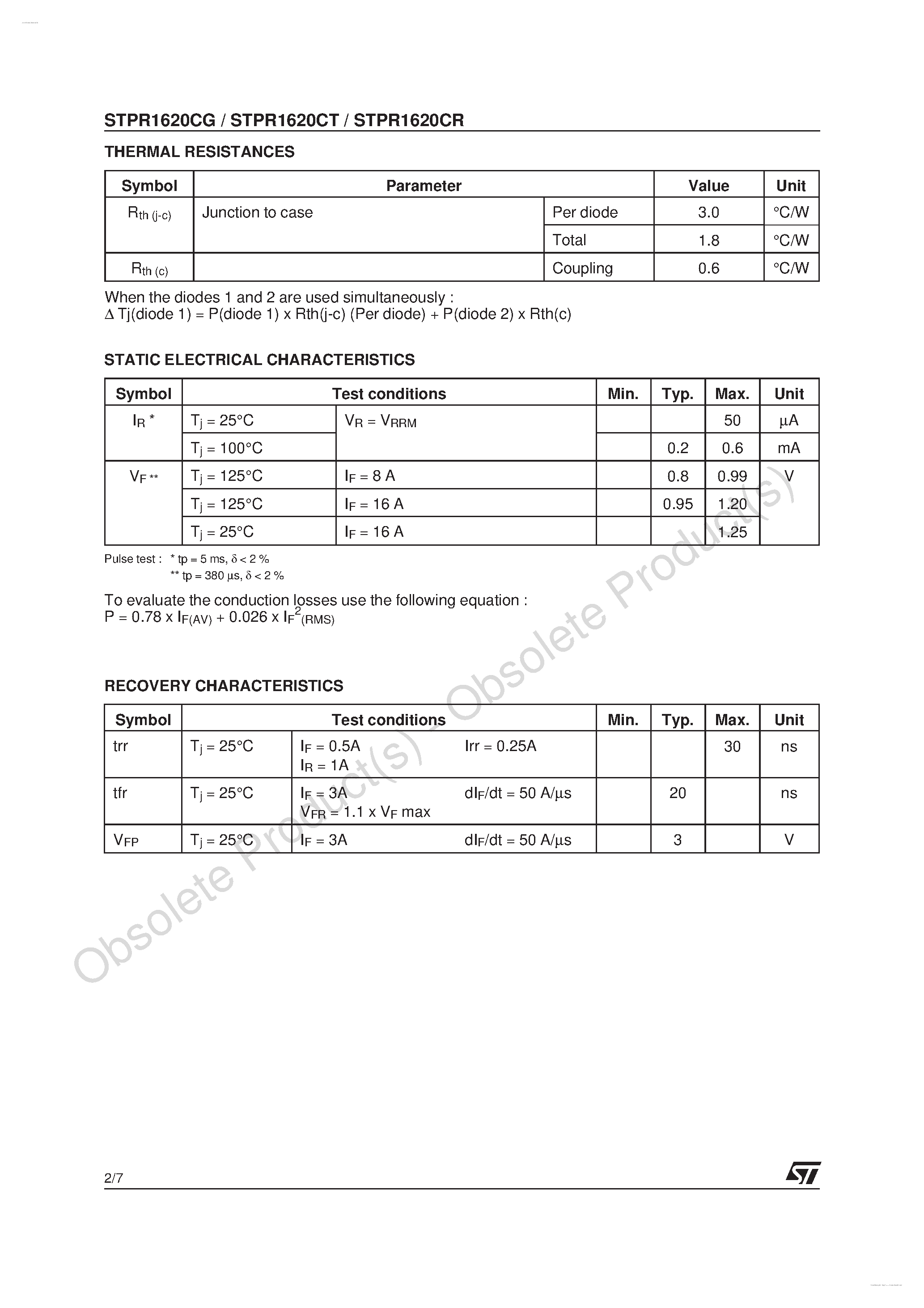 Datasheet STPR1620CG page 2 Datasheet STPR1620CG - ULTRA-FAST RECOVERY RECTIFIER DIODES page 2