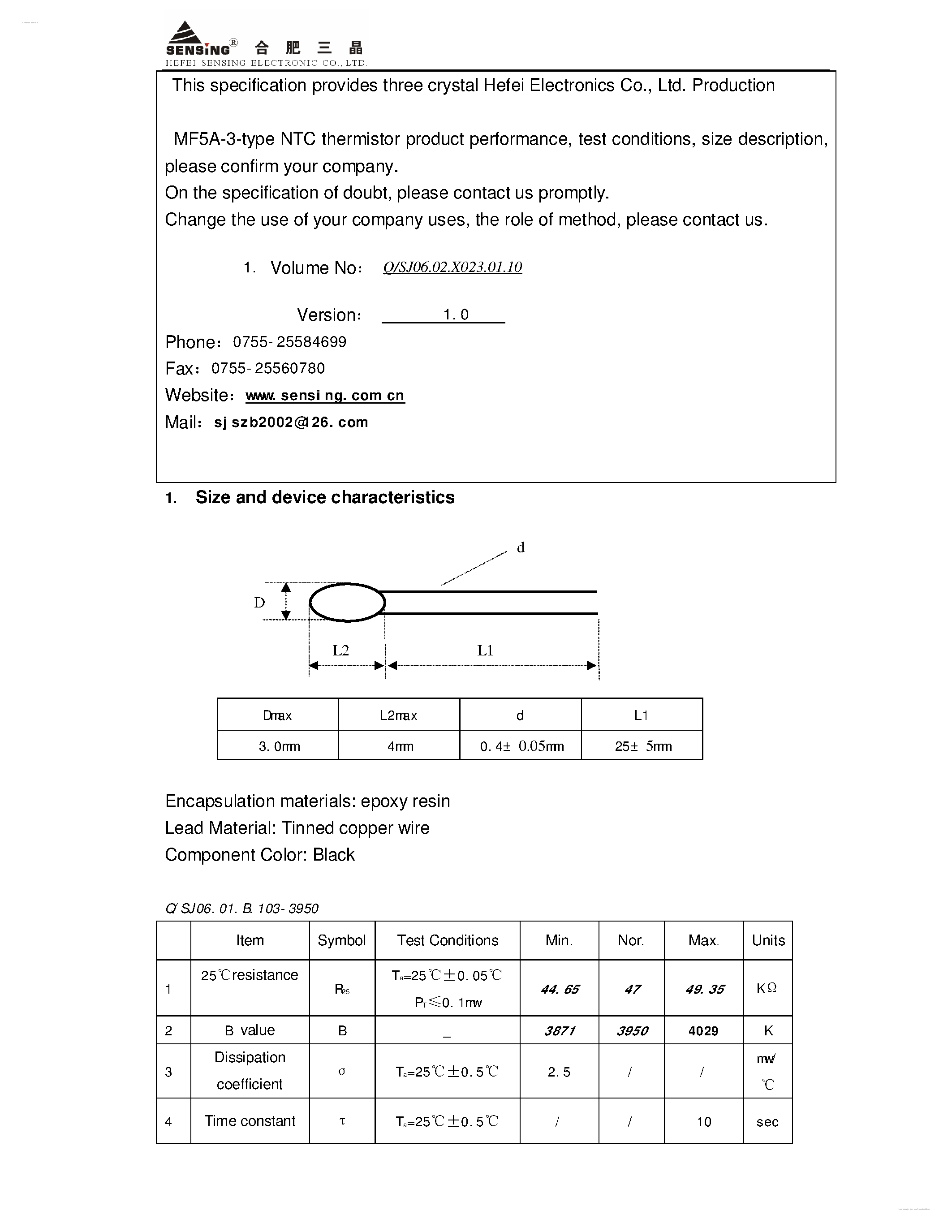 Datasheet MF5A-3 - NTC thermistor page 1