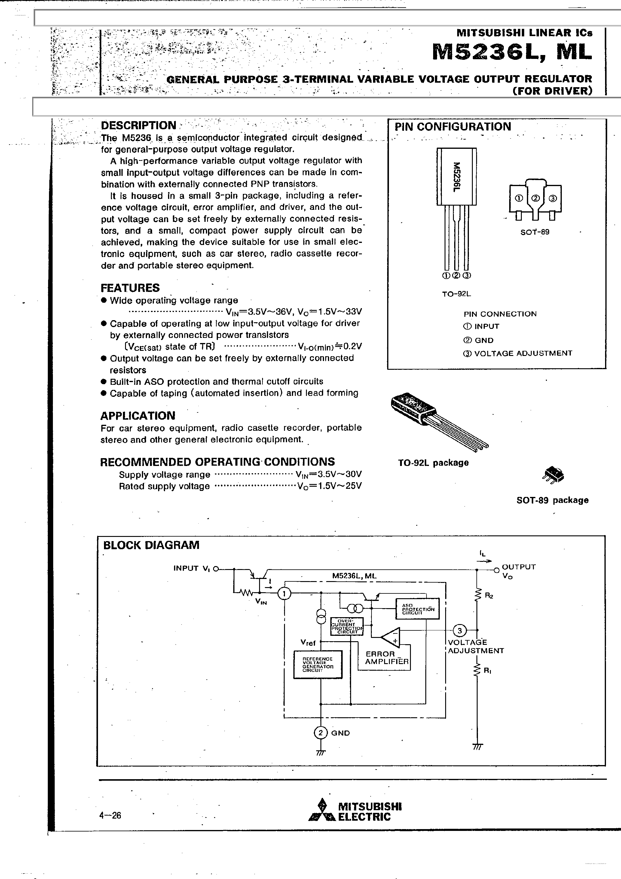 Datasheet M5236L - General Purpose 3-Terminal Variable Voltage Output Regulator page 1