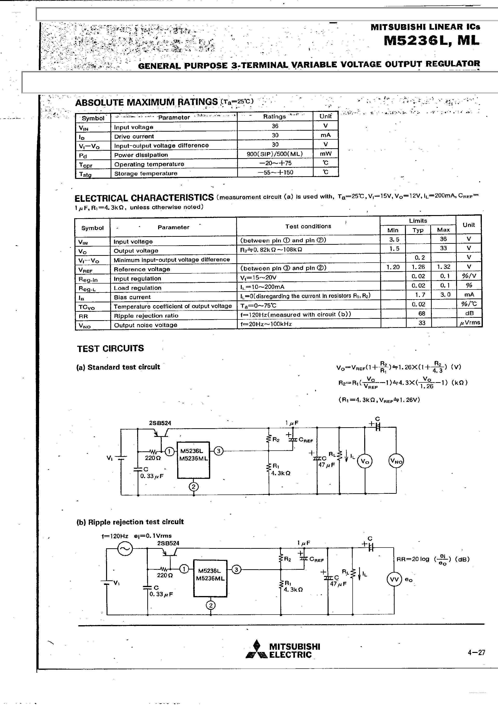 Datasheet M5236L - General Purpose 3-Terminal Variable Voltage Output Regulator page 2