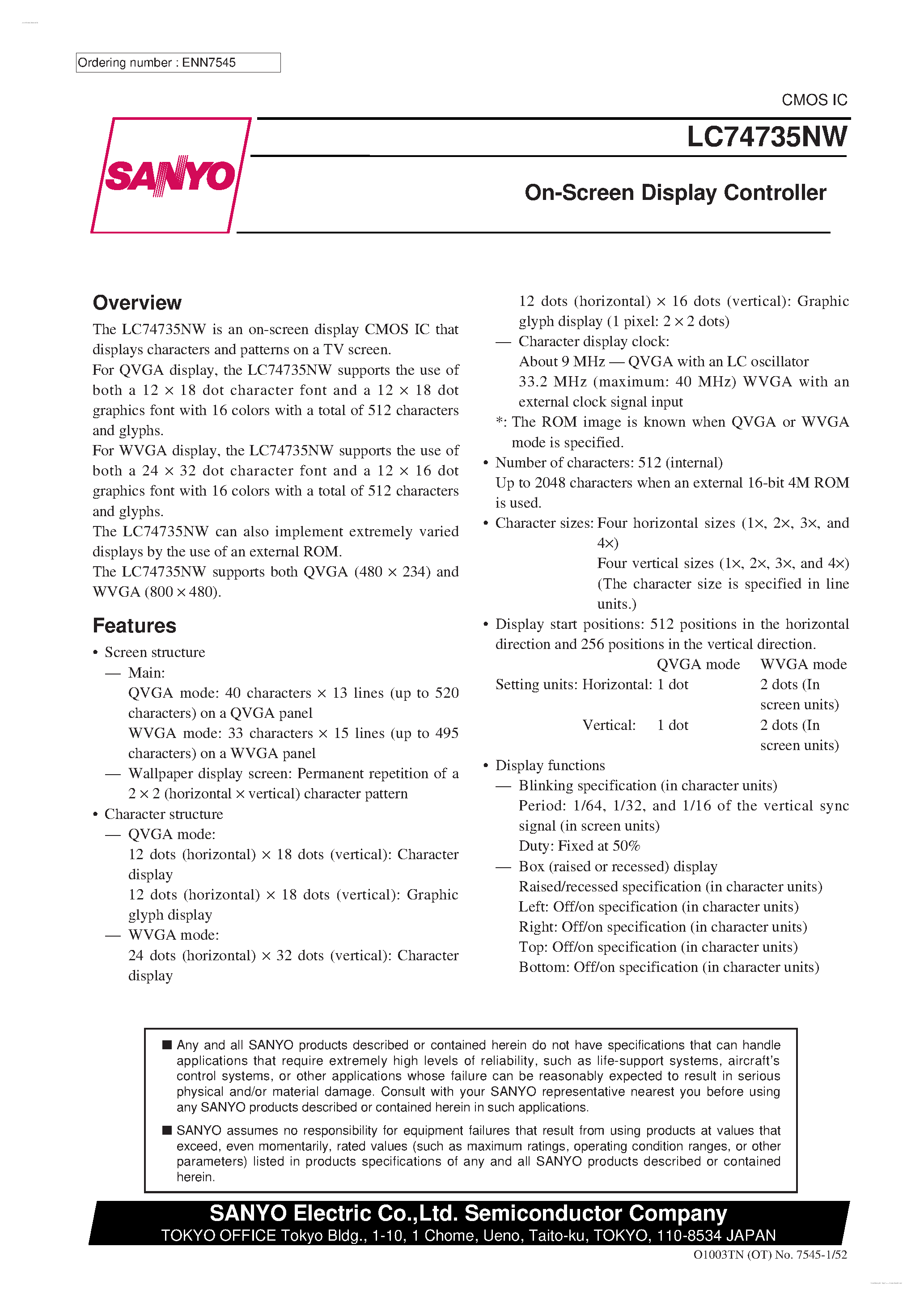Datasheet LC74735NW - On-Screen Display Controller page 1
