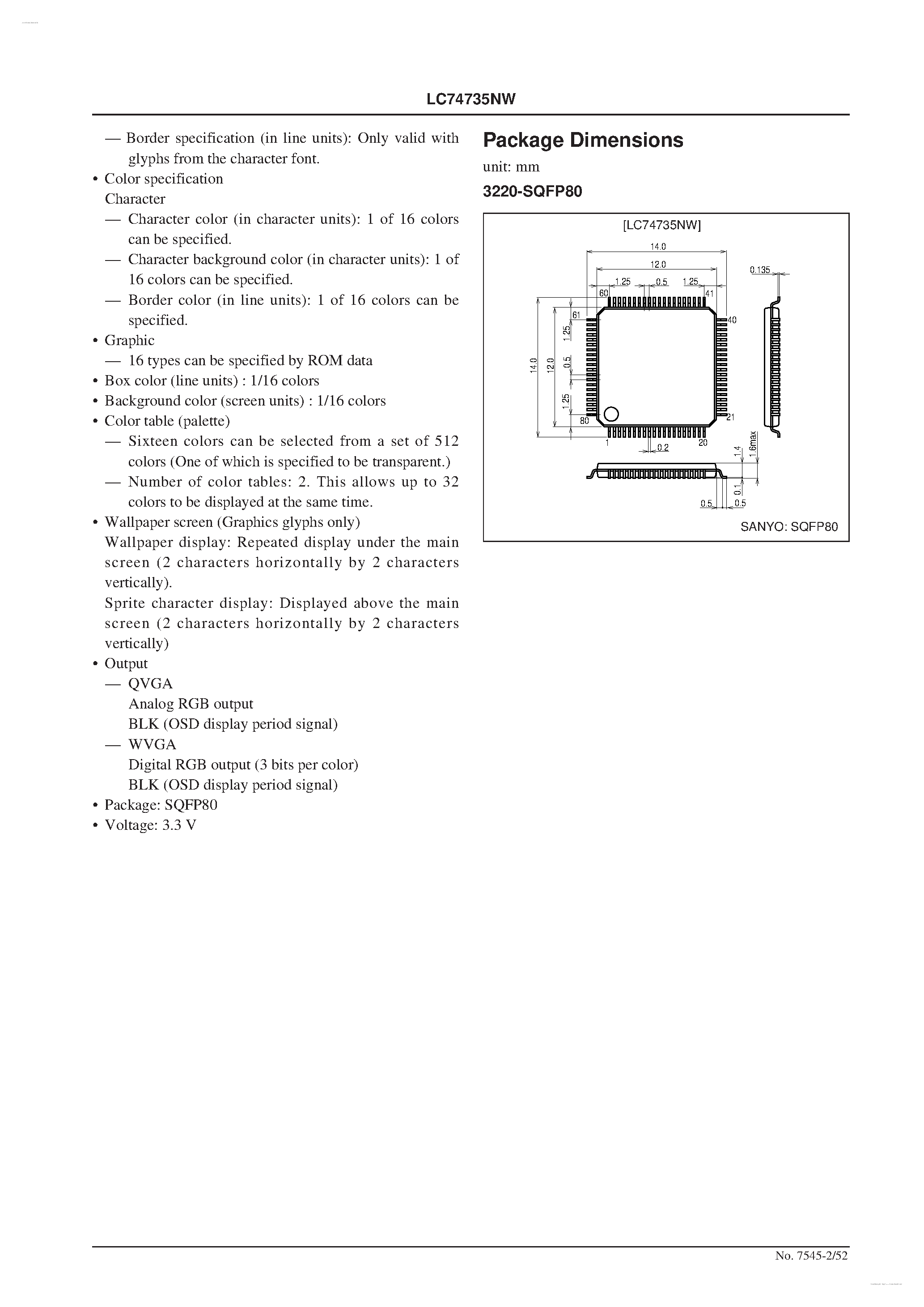 Datasheet LC74735NW - On-Screen Display Controller page 2