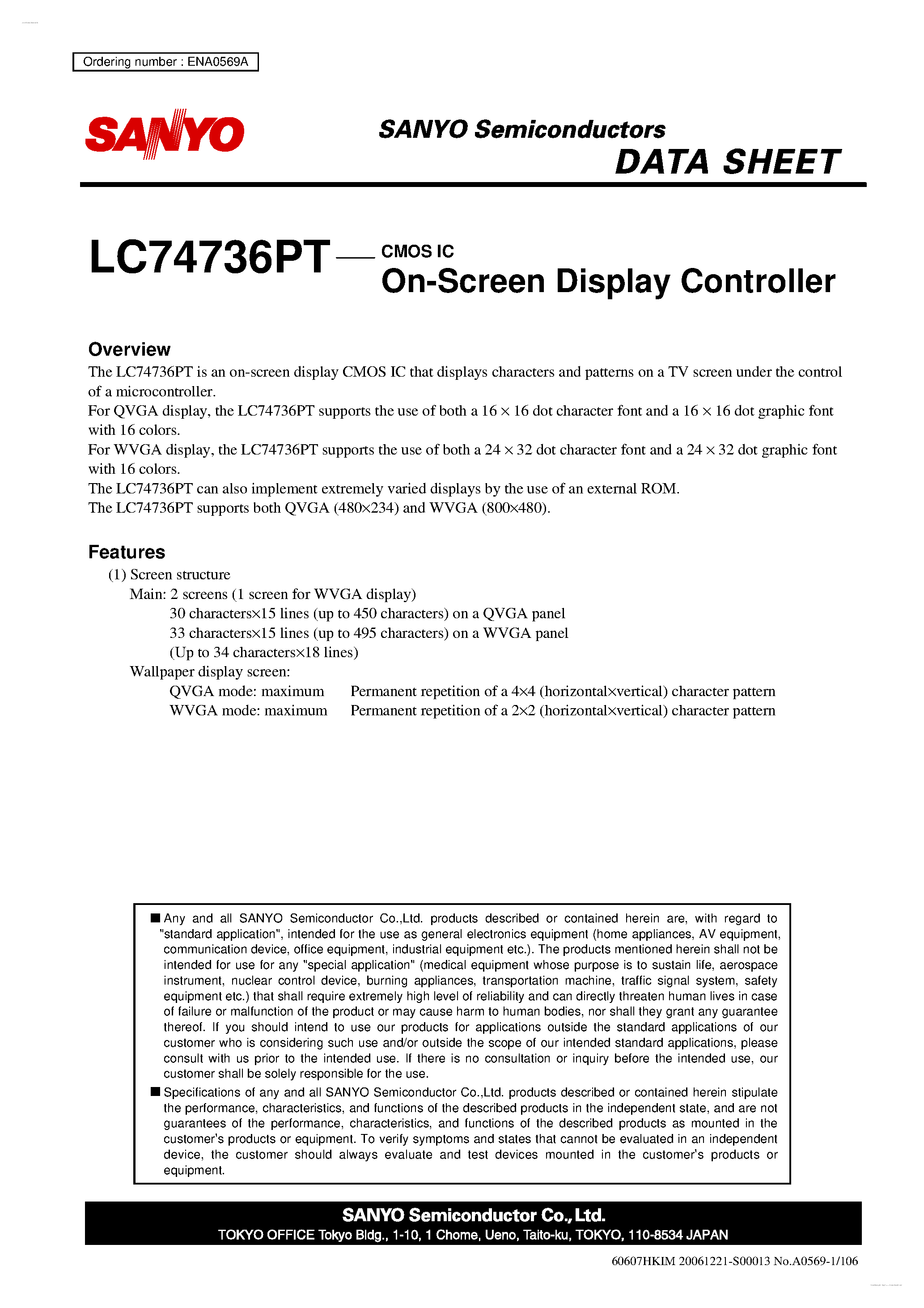 Datasheet LC74736PT - CMOS IC On-Screen Display Controller page 1