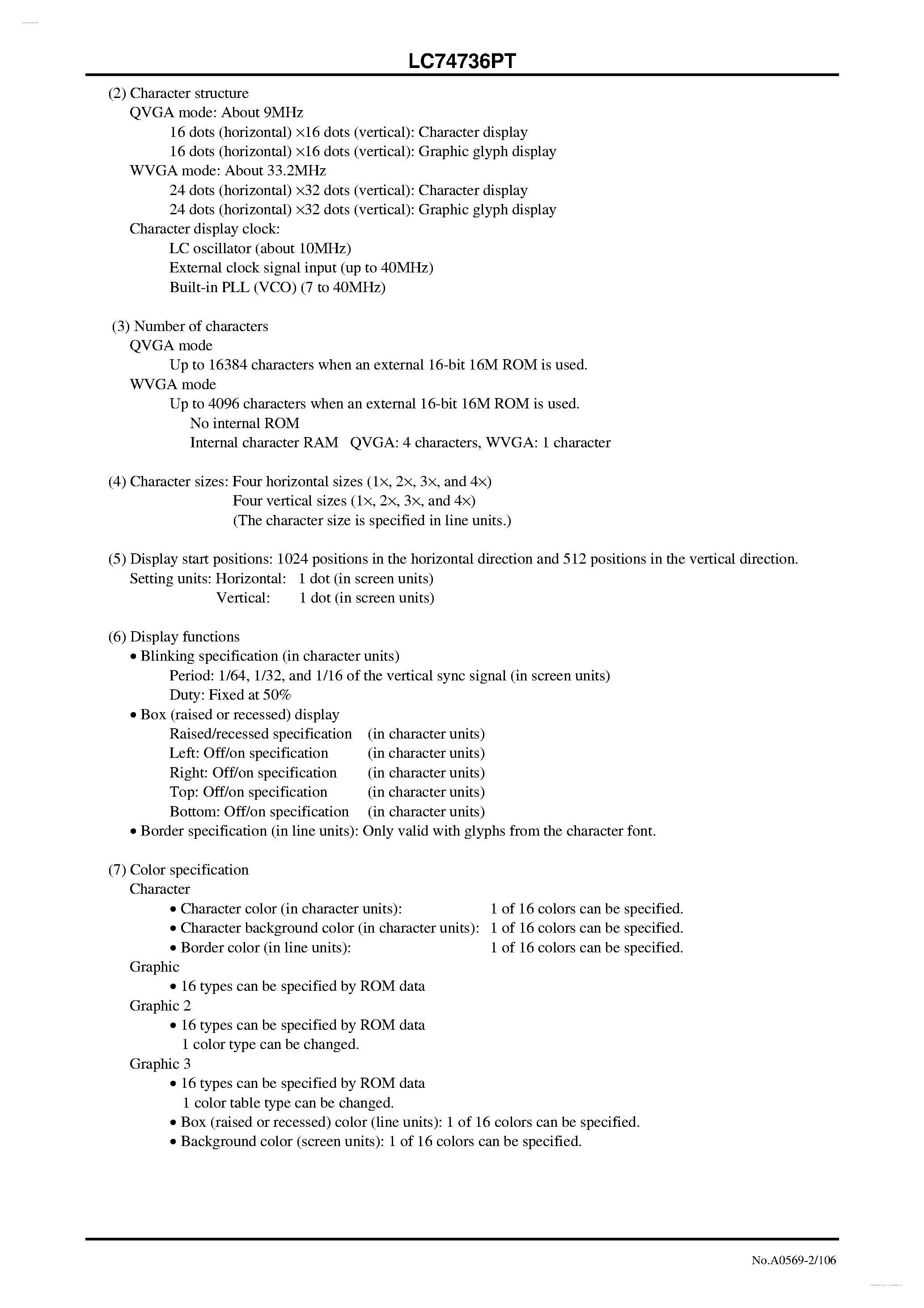 Datasheet LC74736PT - CMOS IC On-Screen Display Controller page 2