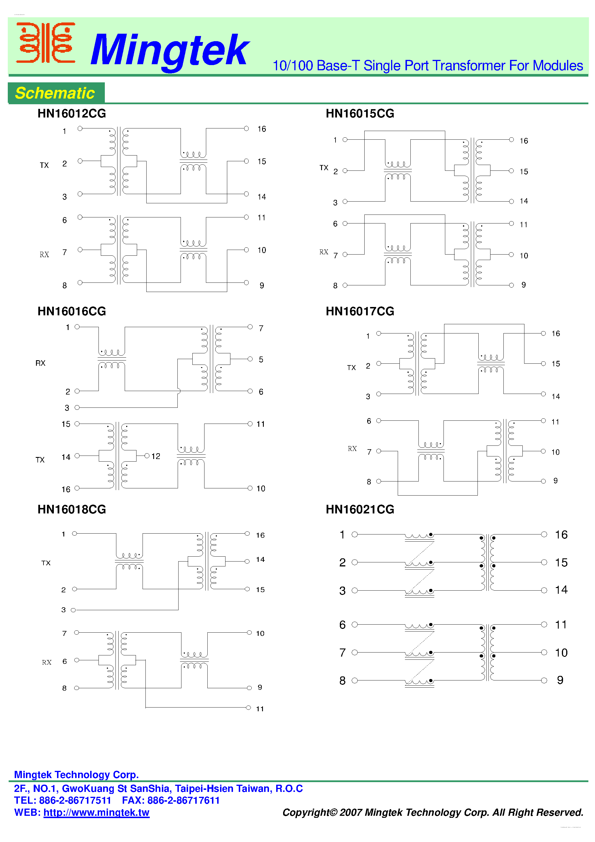 Datasheet HN16012CG - 10/100 Base-T Single Port Transformer page 2