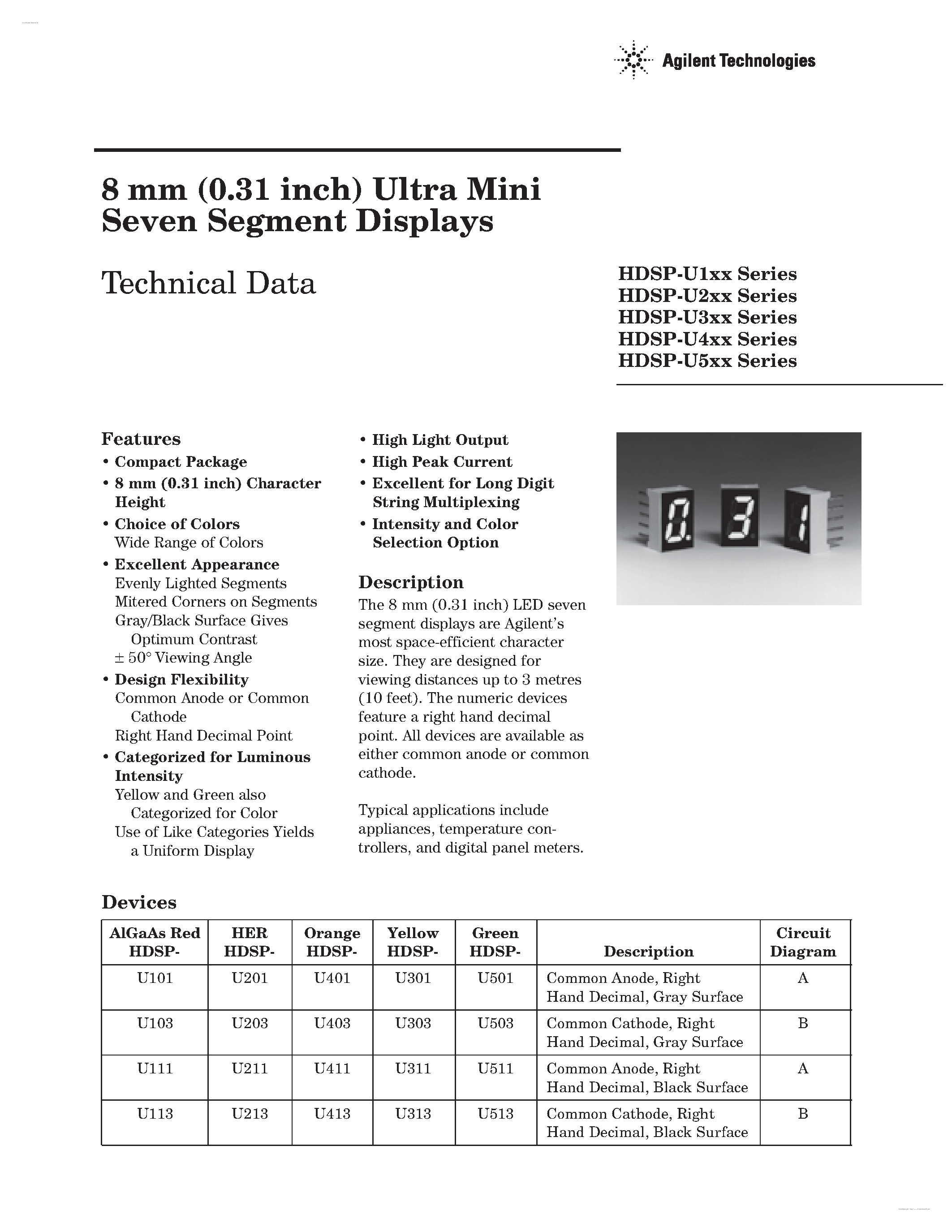 Datasheet HDSP-U1xx page 1 Datasheet HDSP-U1xx - 8 mm (0.31 inch) Ultra Mini Seven Segment Displays page 1