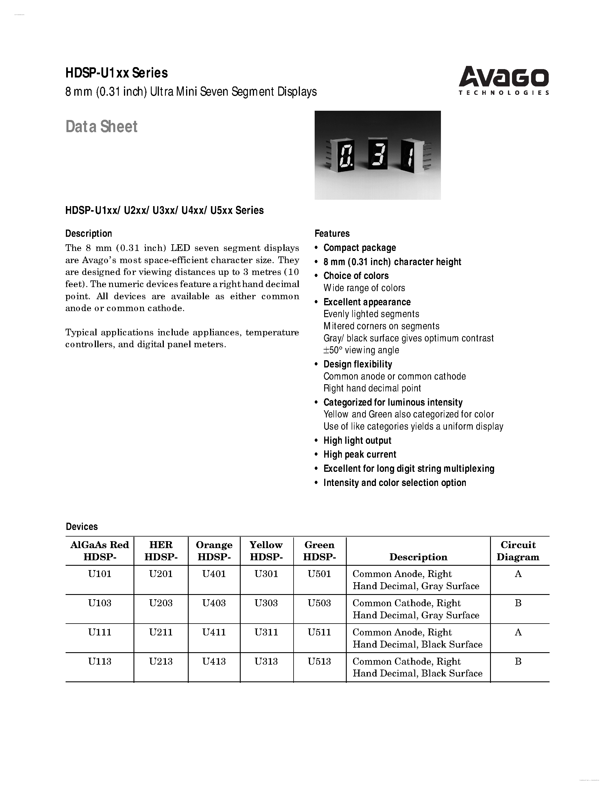 Datasheet HDSP-U1xx page 1 Datasheet HDSP-U1xx - 8 mm (0.31 inch) Ultra Mini Seven Segment Displays page 1