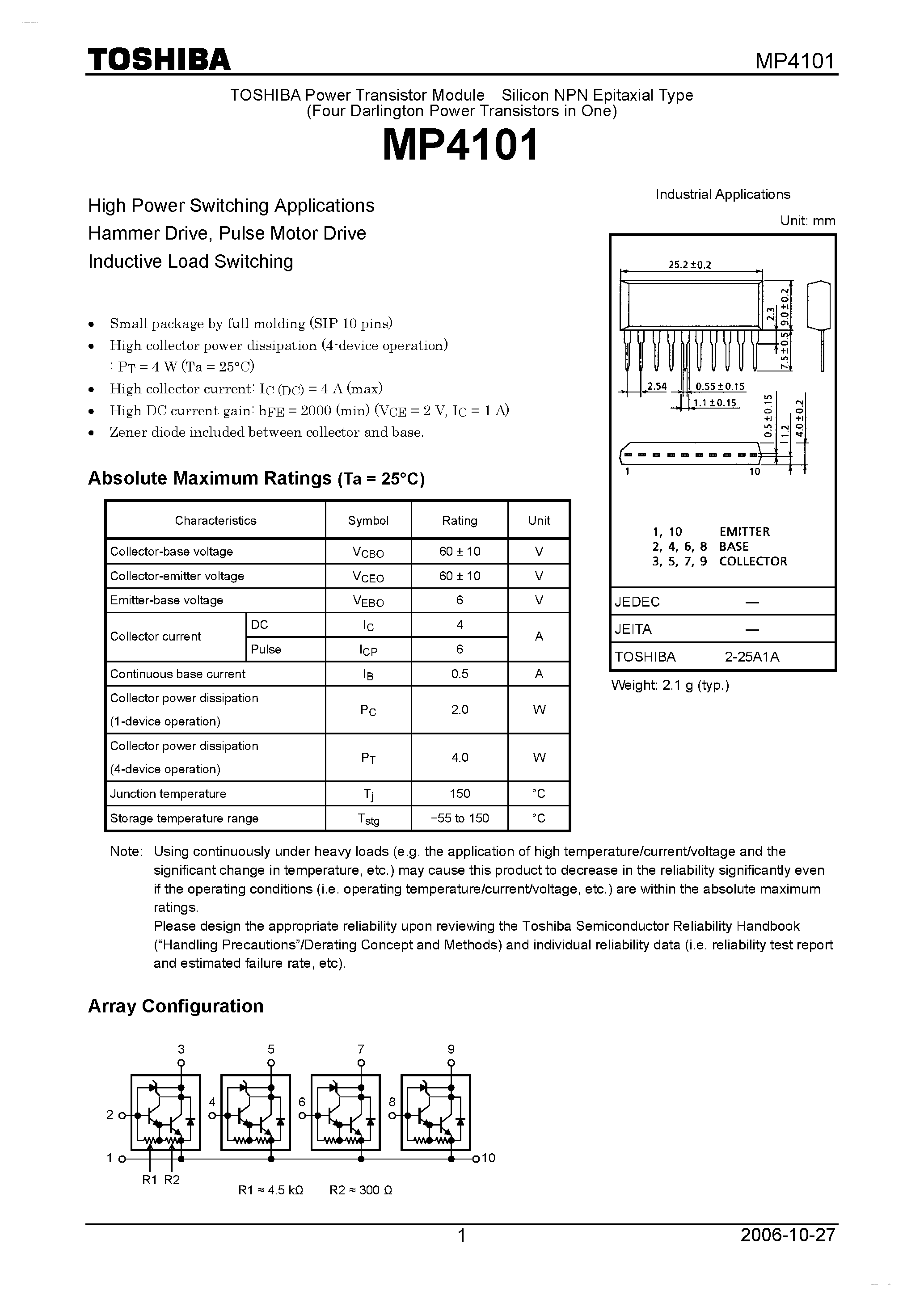 Даташит на микросхему MP4101 страница 1 Даташит MP4101 - High Power Switching Applications Hammer Drive / Pulse Motor Drive Inductive Load Switching страница 1