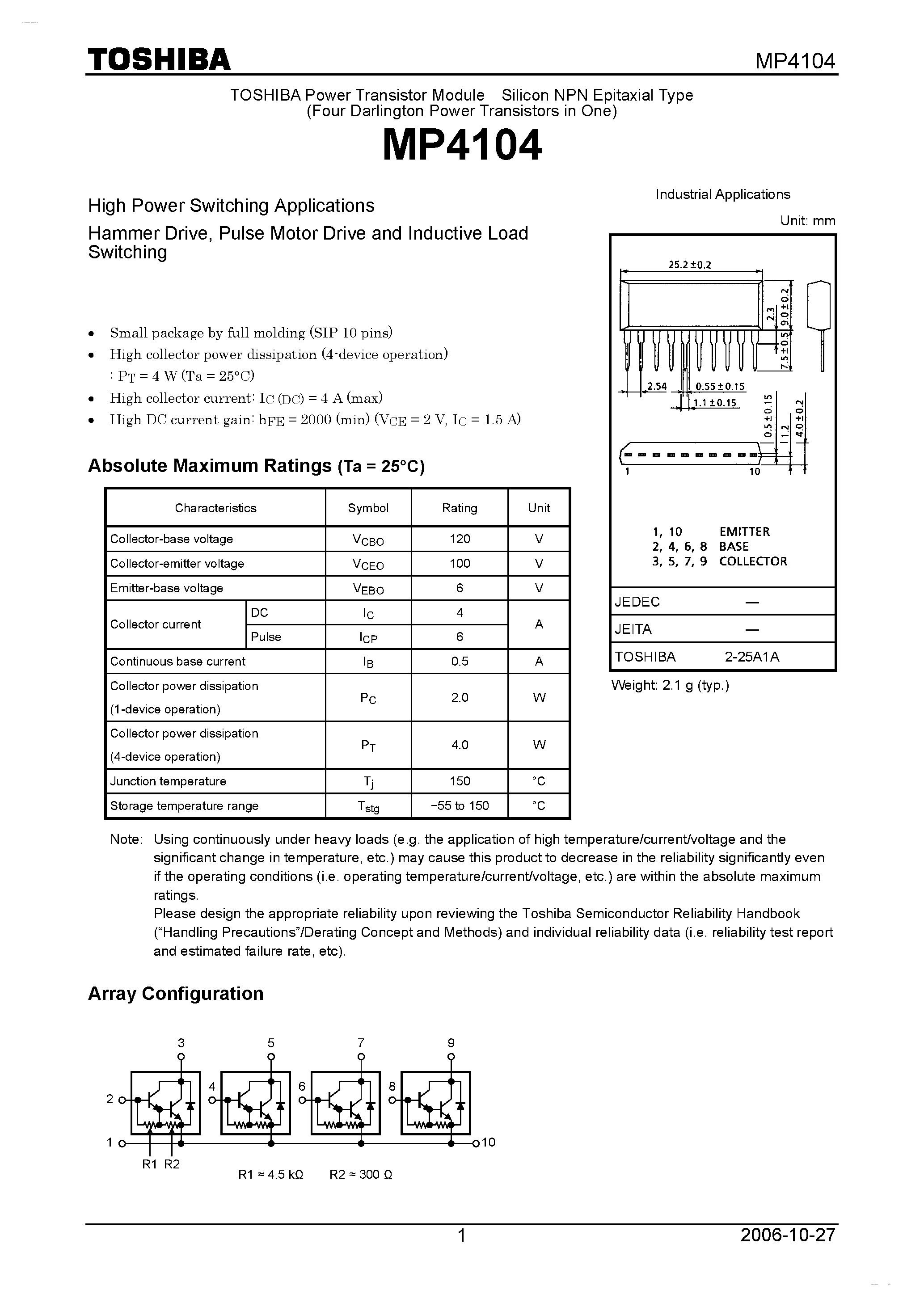 Даташит MP4104 - High Power Switching Applications Hammer Drive / Pulse Motor Drive and Inductive Load Switching страница 1