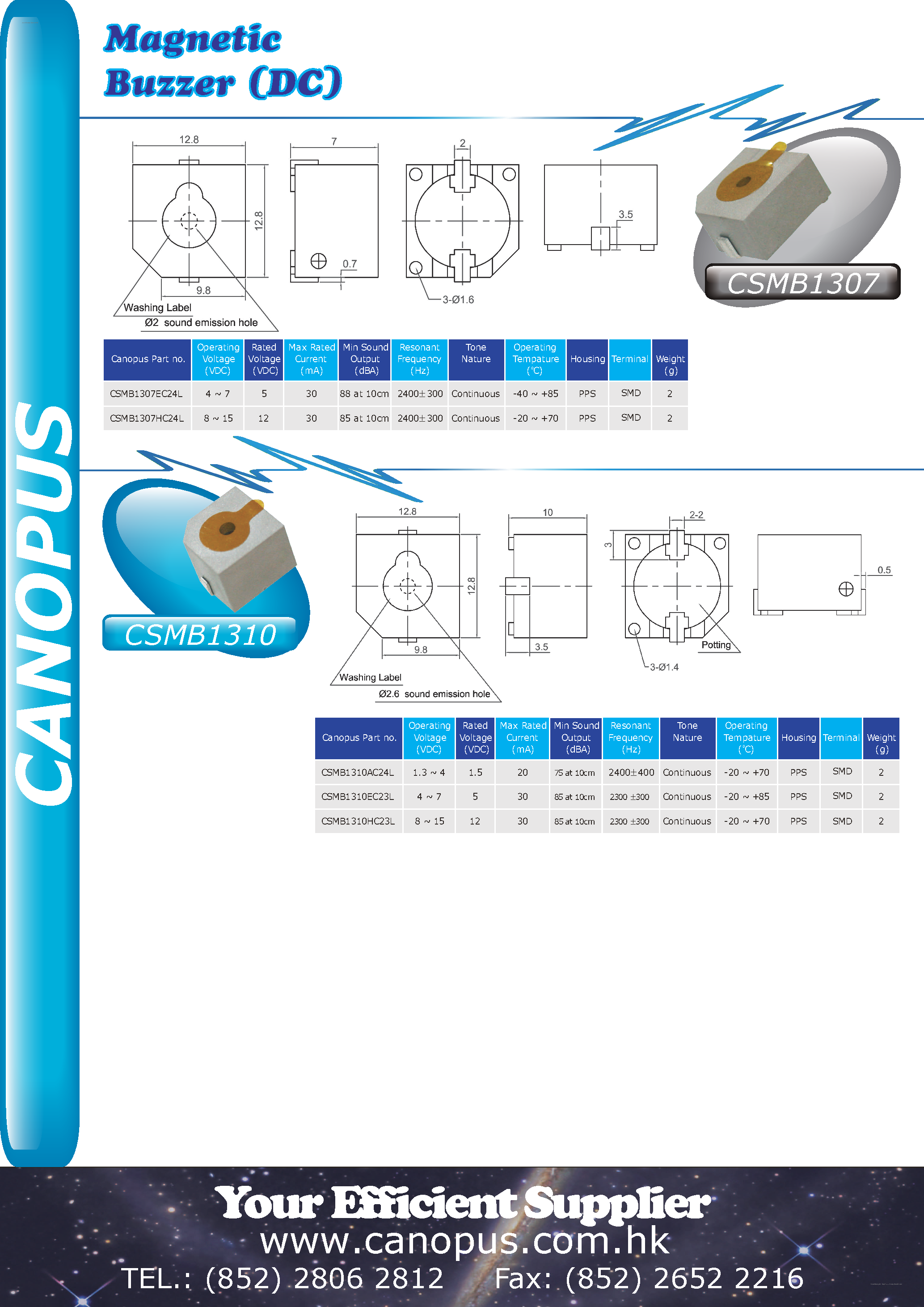 Datasheet CSMB1307 page 1 Datasheet CSMB1307 - Magnetic Buzzer page 1