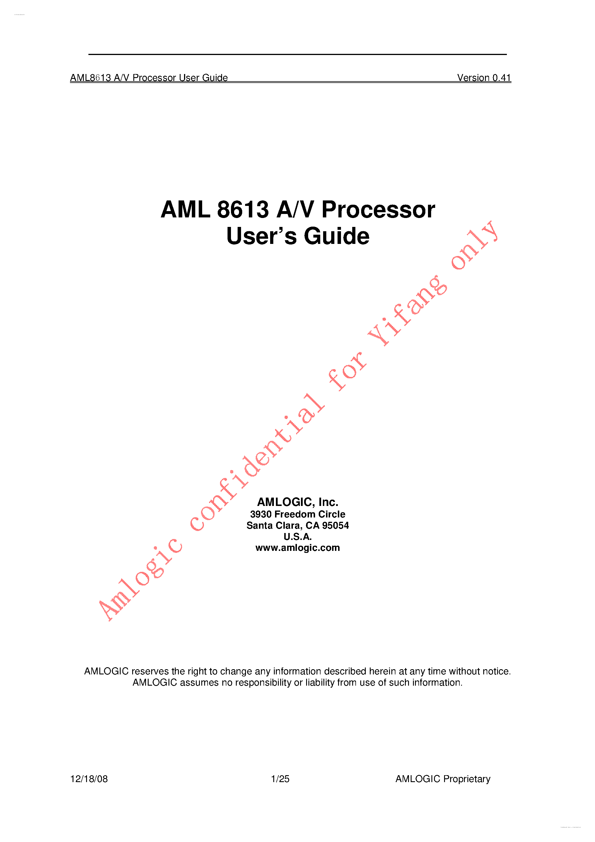 Datasheet AML8613 - A/V Processor User Guide page 1