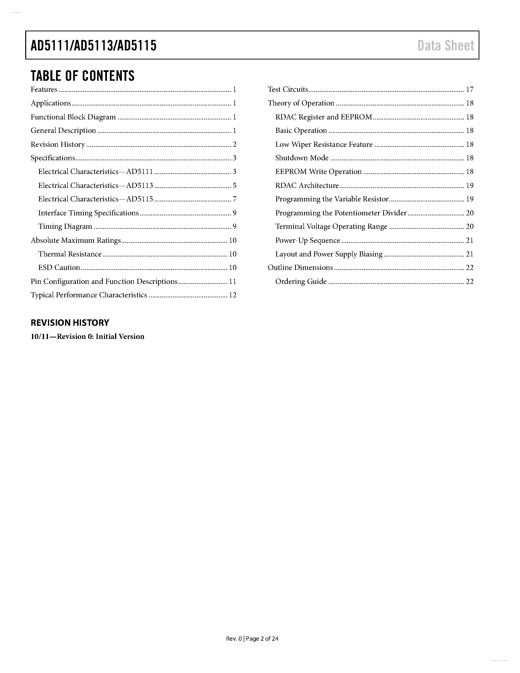 Datasheet AD5111 - (AD5111 - AD5115) Nonvolatile Digital Potentiometer page 2