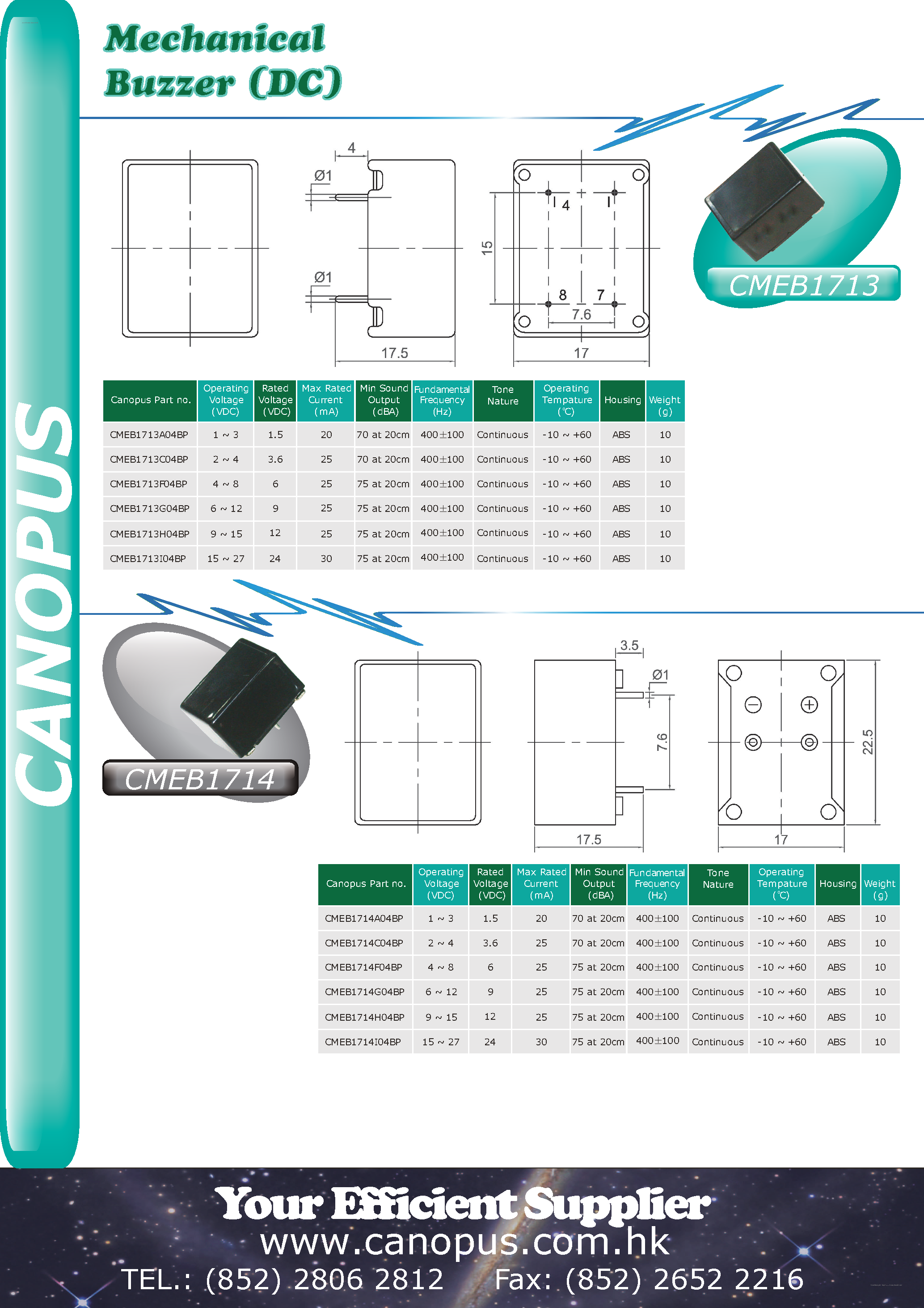 Datasheet CMEB1713 page 1 Datasheet CMEB1713 - (CMEB1713 / CMEB1714) Mechanical Buzzer page 1