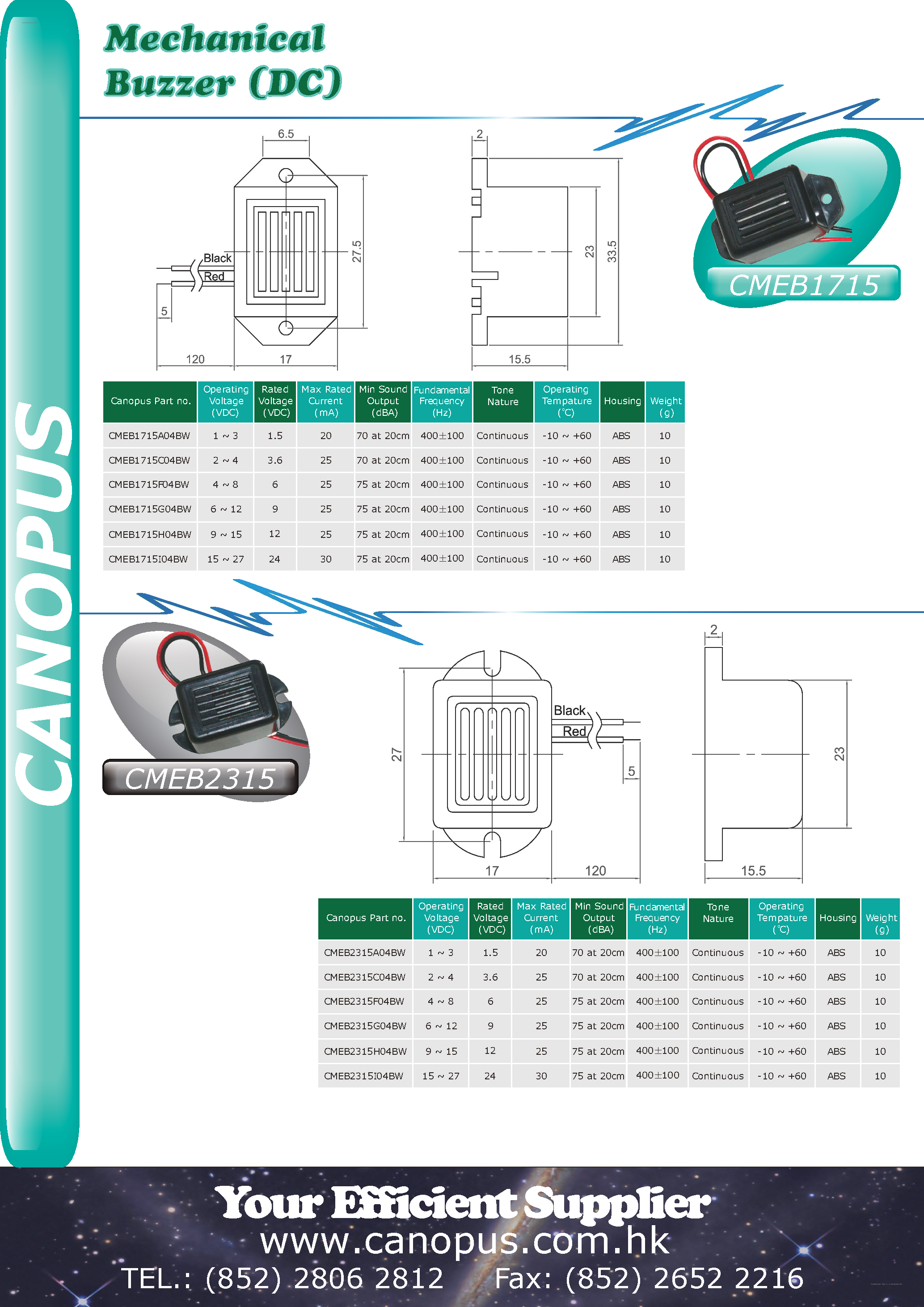 Datasheet CMEB1715 page 1 Datasheet CMEB1715 - Mechanical Buzzer page 1