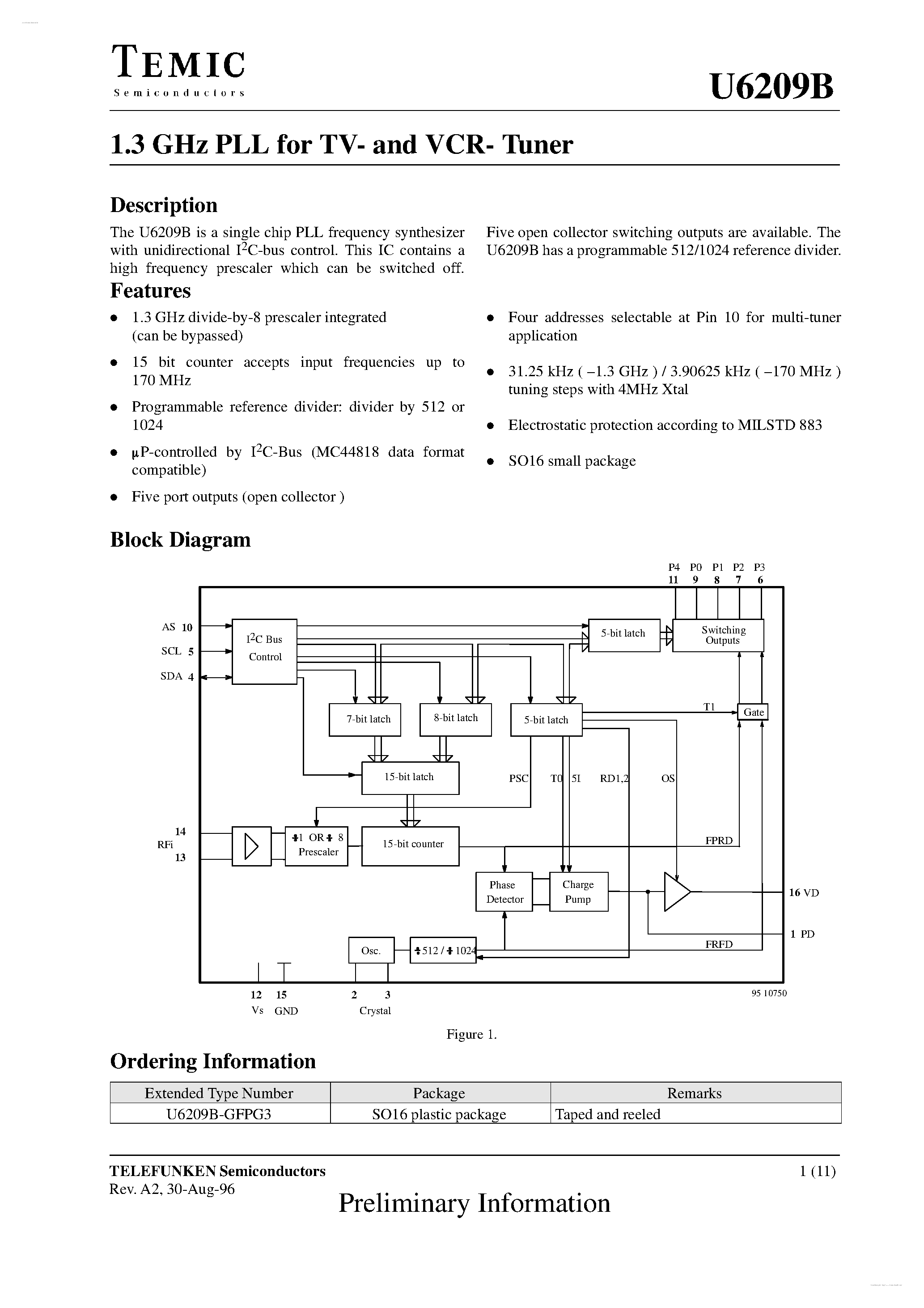 Datasheet U6209B page 1 Datasheet U6209B - 1.3 GHz PLL page 1
