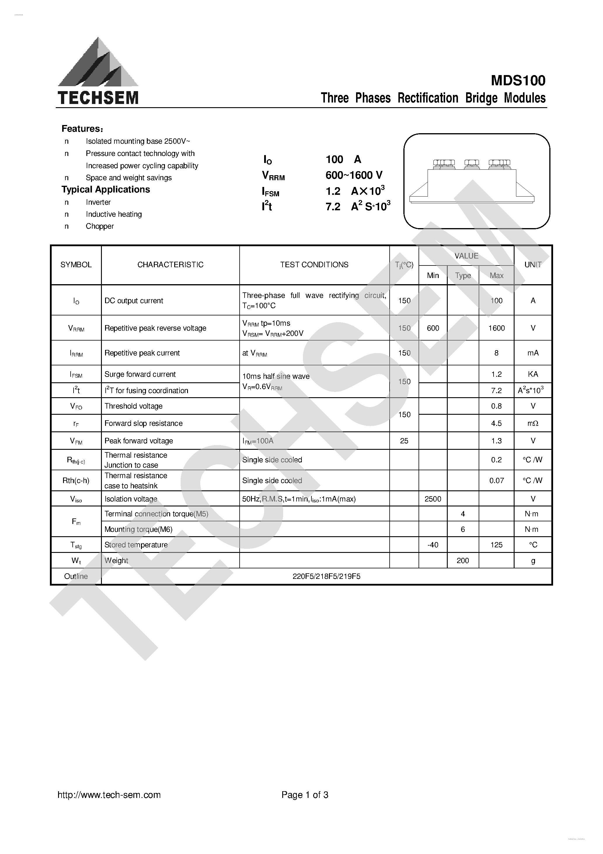 Datasheet MDS100 - 3-Phases Rectification Bridge Modules page 1