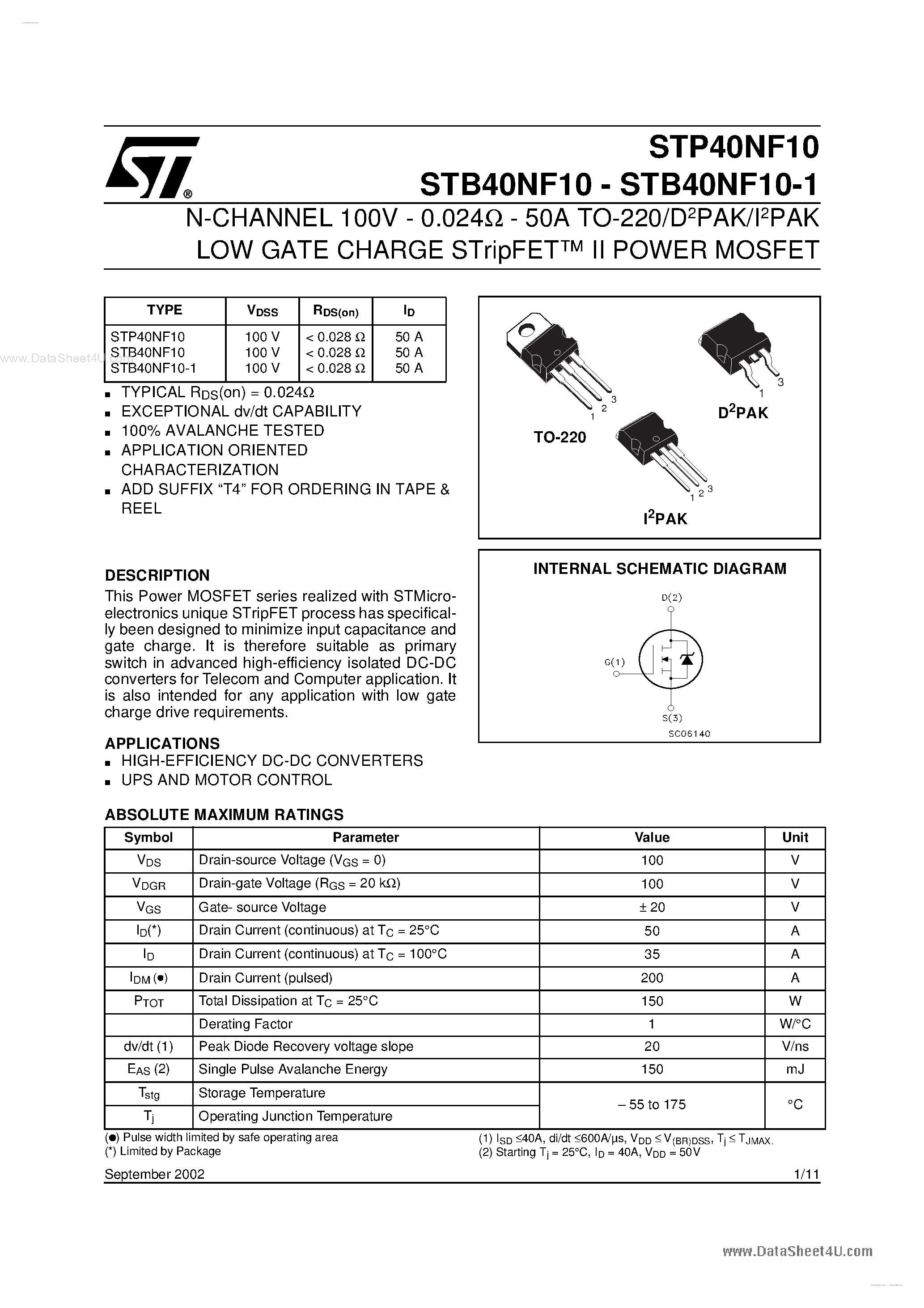 Datasheet P40NF10 - Search -----> STP40NF10 page 1