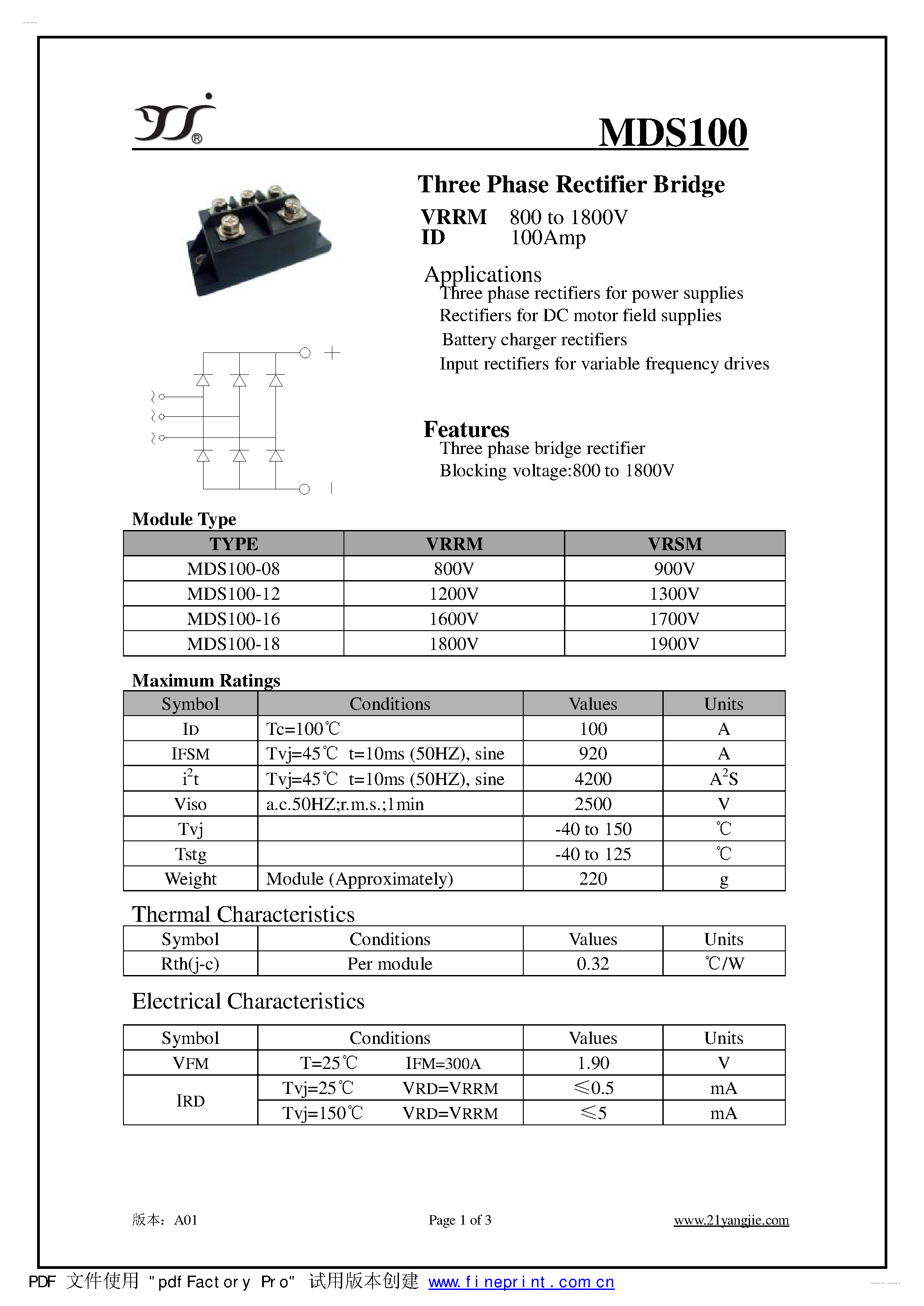 Даташит MDS100 - Three Phase Rectifier Bridge страница 1